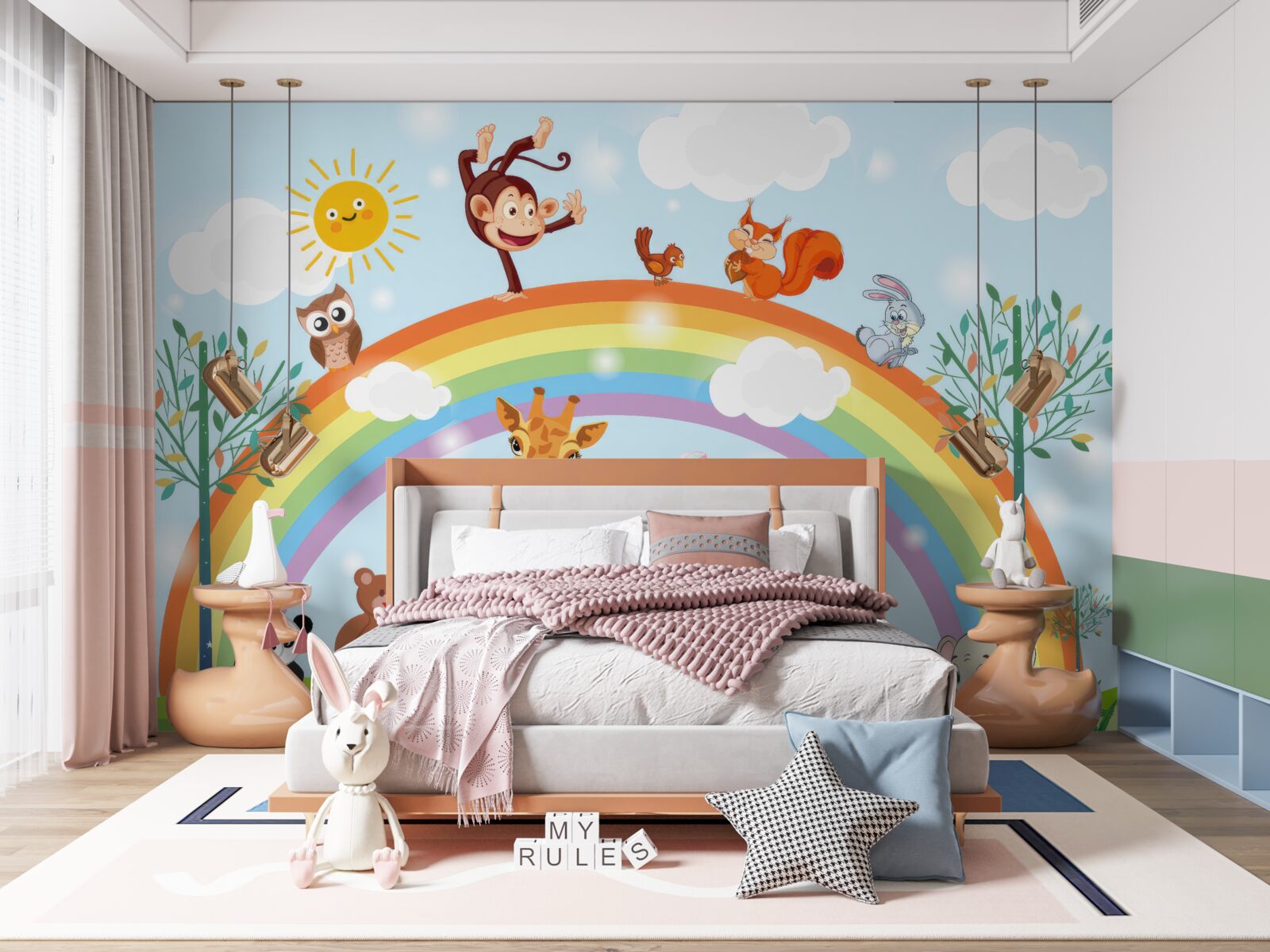 Papier peint animaux sur fond d'arc-en-ciel