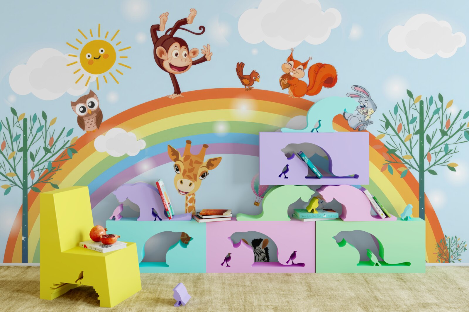 Papier peint animaux sur fond d'arc-en-ciel