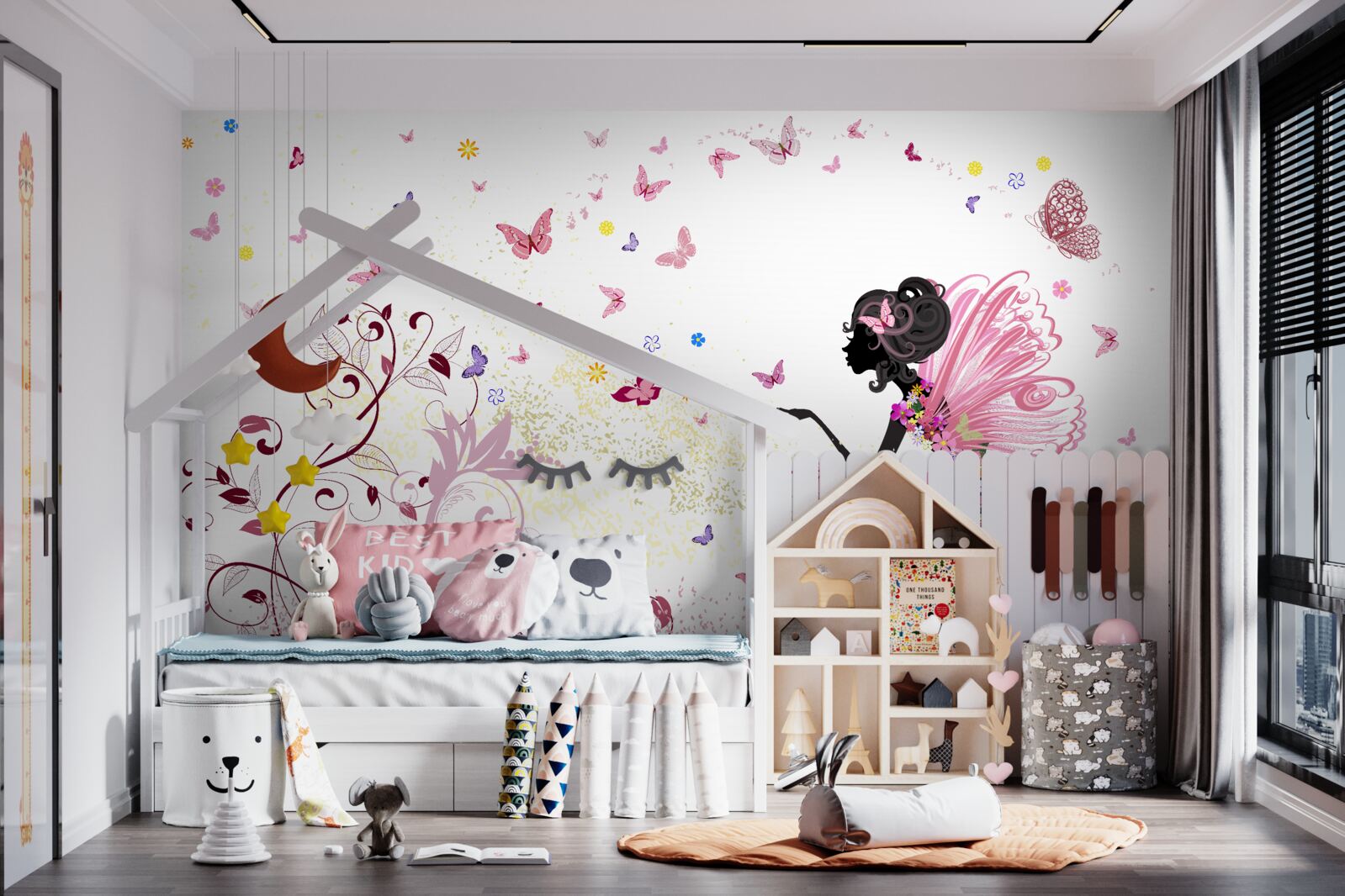 Papier peint silhouette d'une fille et de nombreux papillons