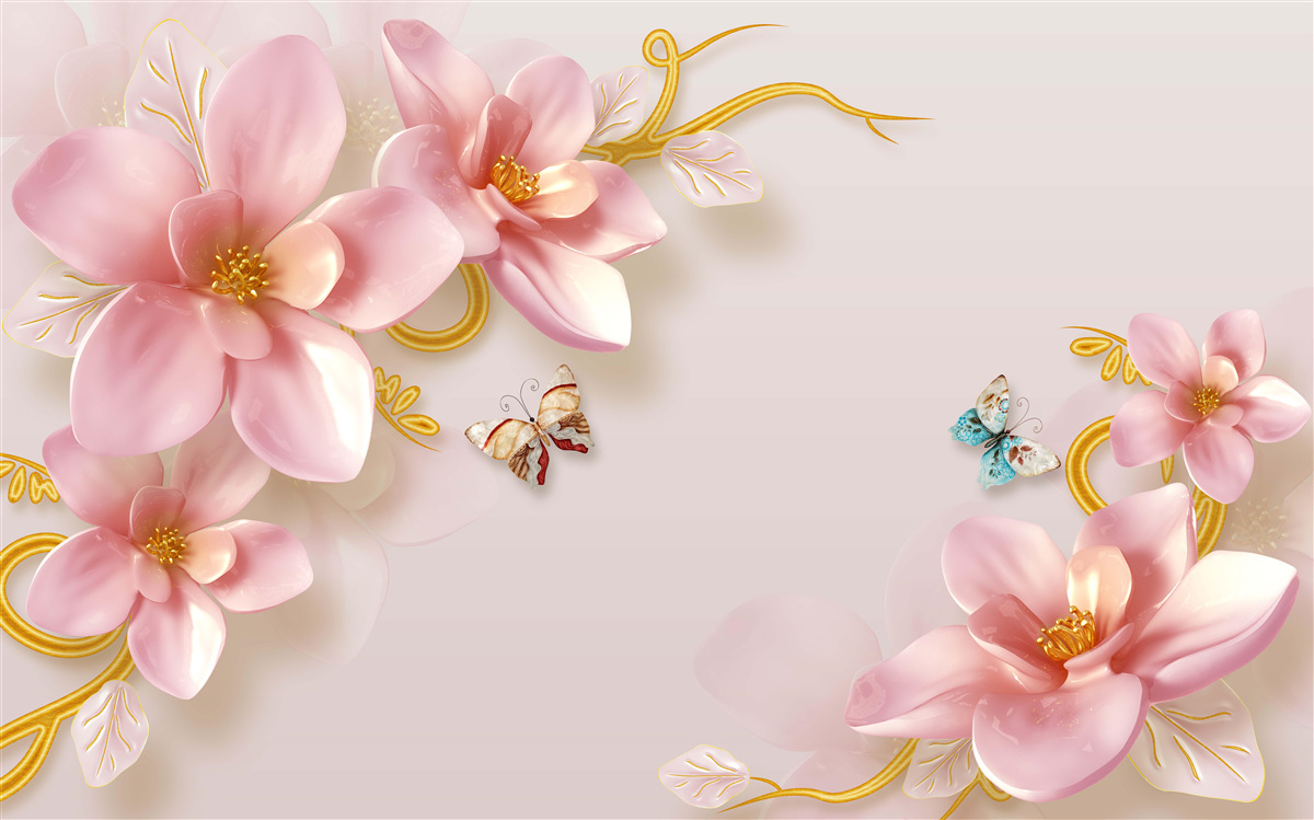 Papier peint les papillons volent autour des fleurs roses
