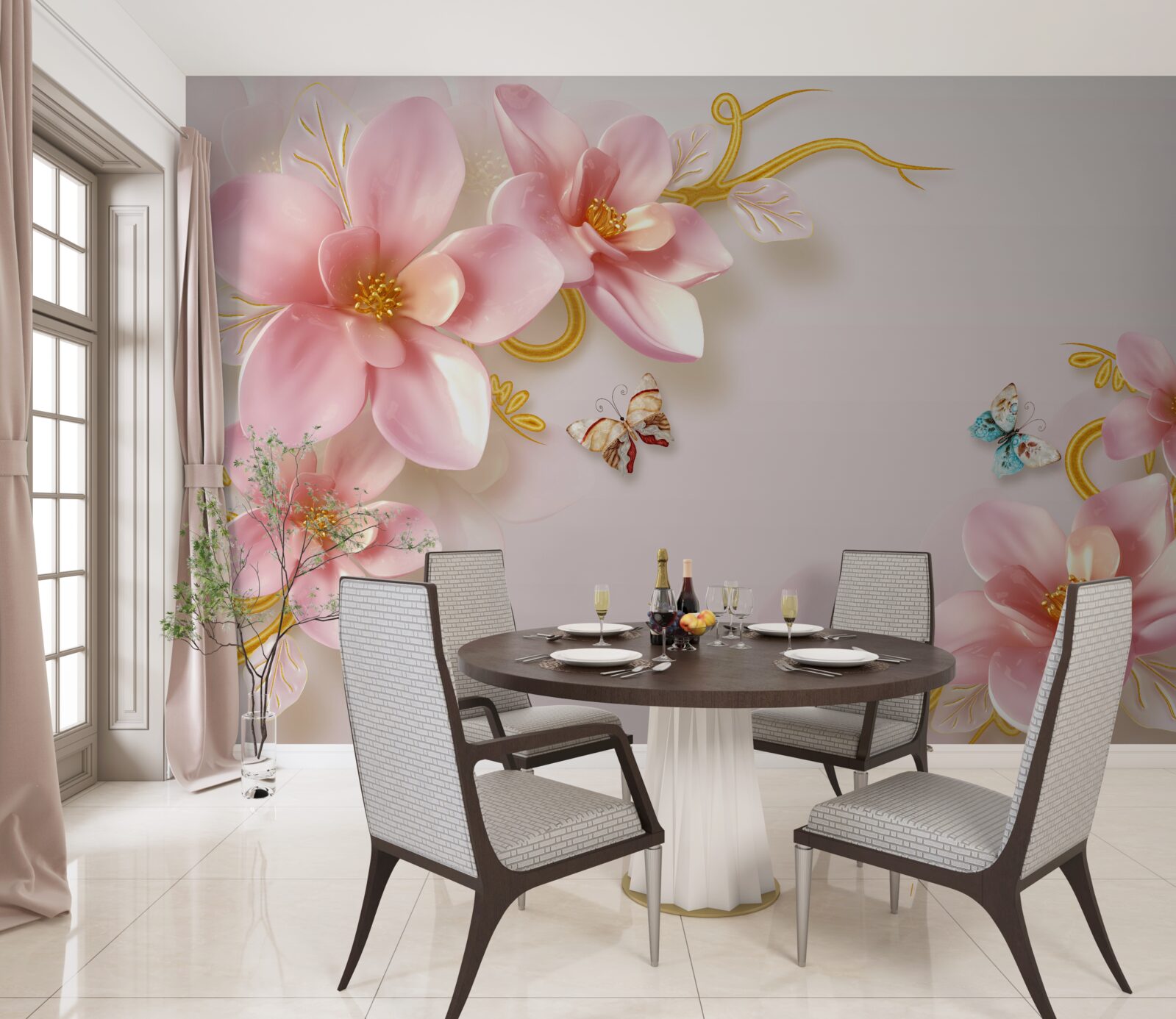 Papier peint les papillons volent autour des fleurs roses