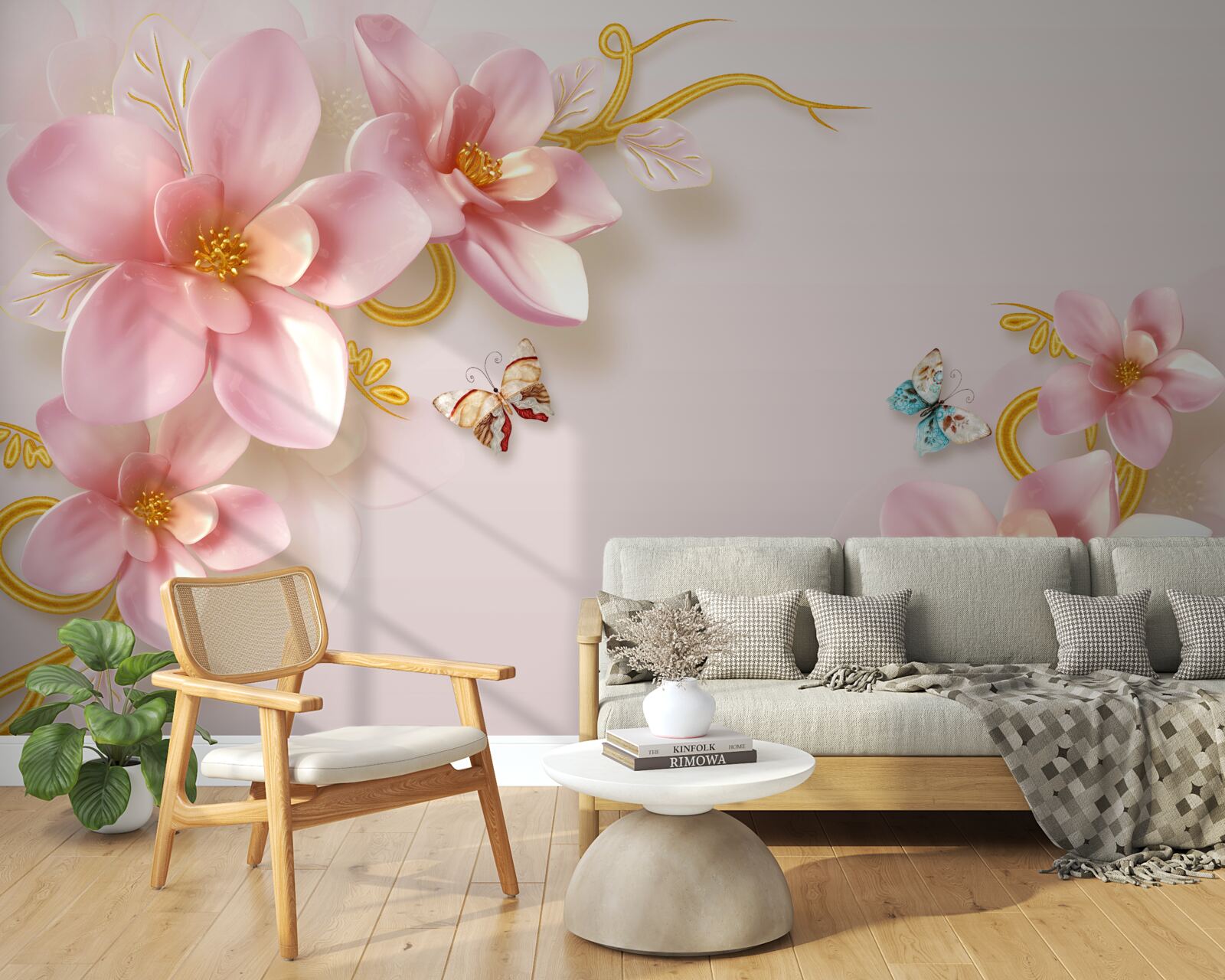 Papier peint les papillons volent autour des fleurs roses