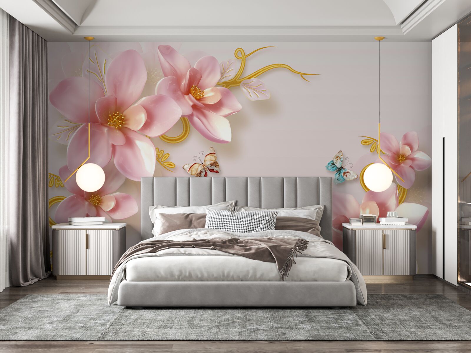 Papier peint les papillons volent autour des fleurs roses