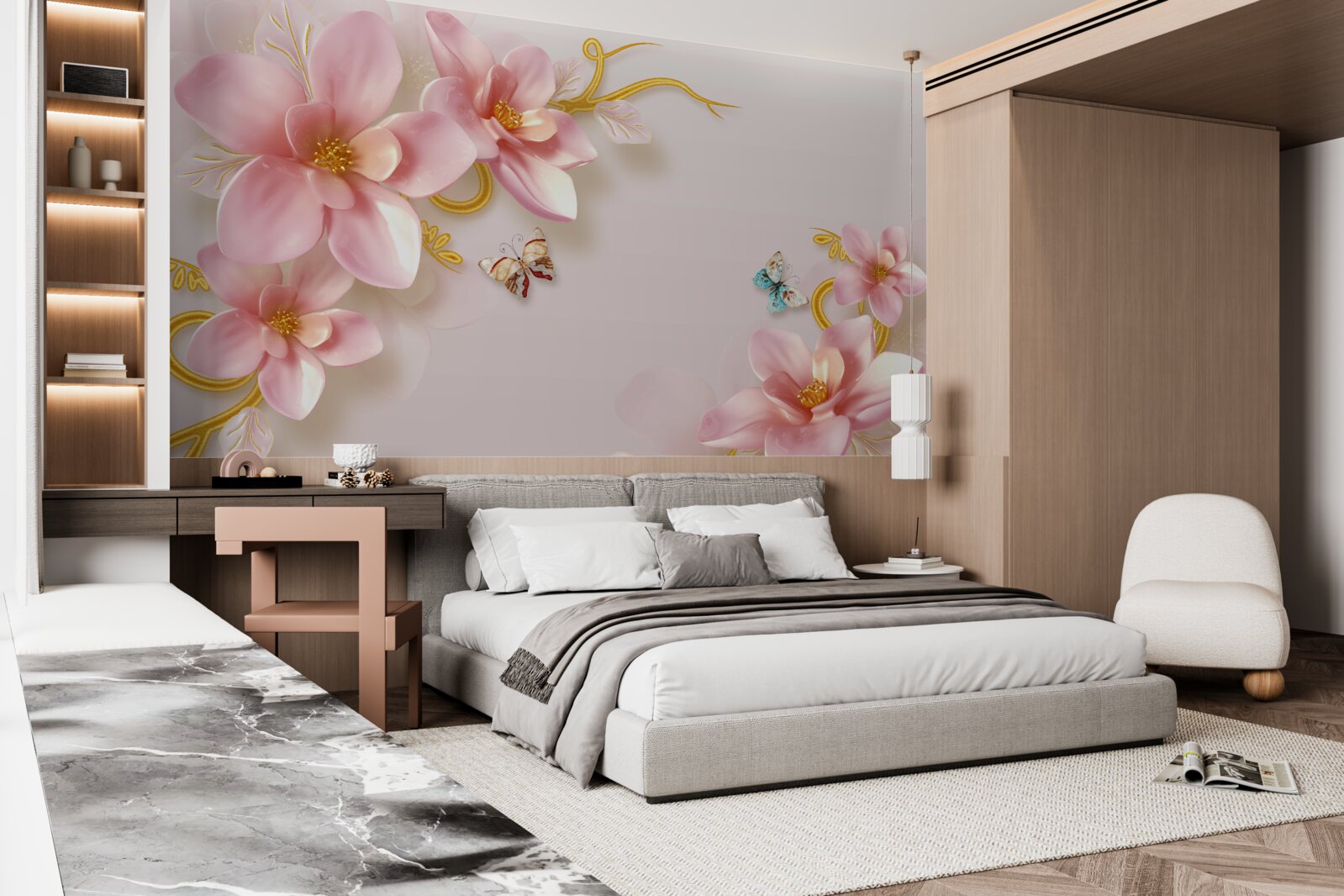 Papier peint les papillons volent autour des fleurs roses