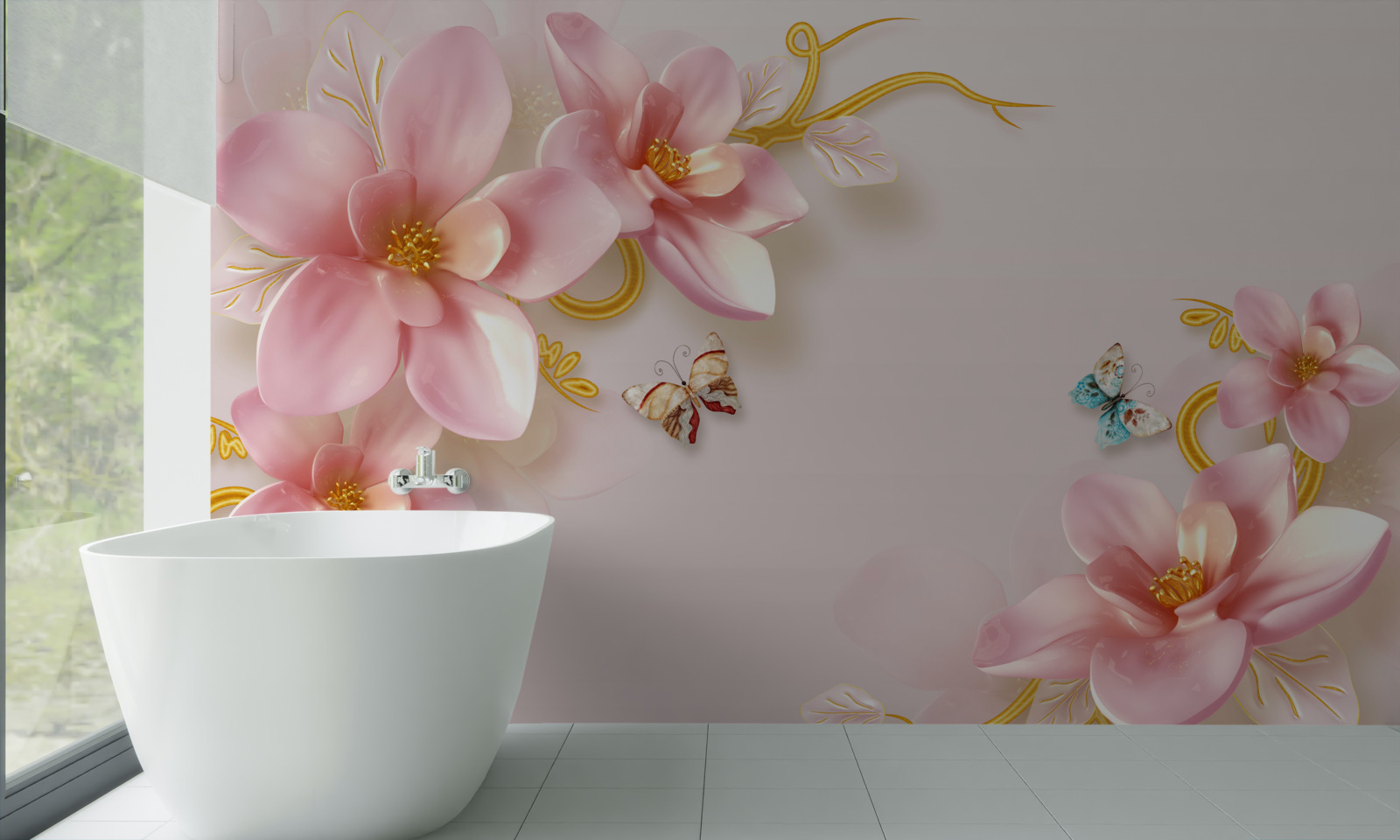 Papier peint les papillons volent autour des fleurs roses