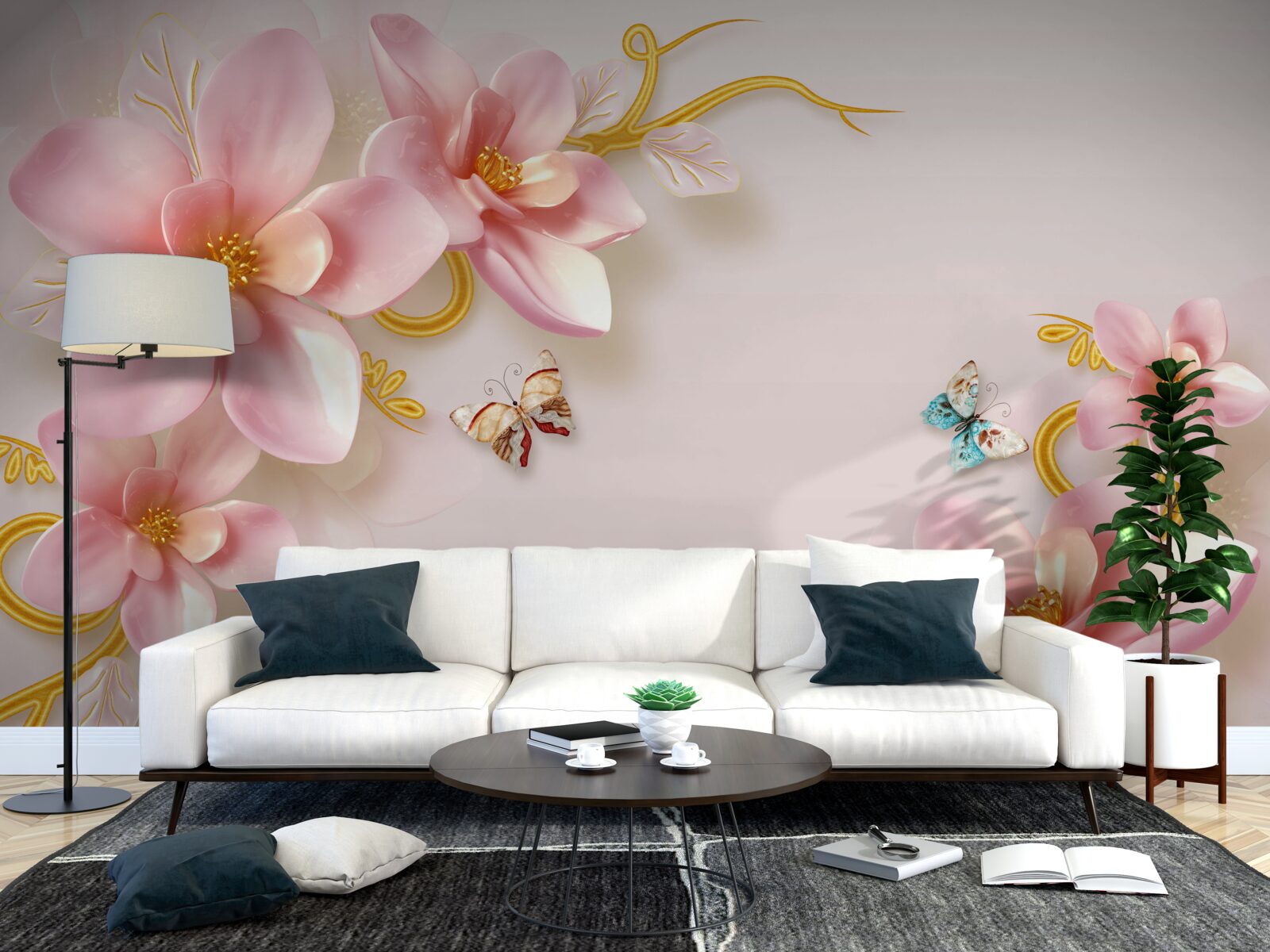 Papier peint les papillons volent autour des fleurs roses