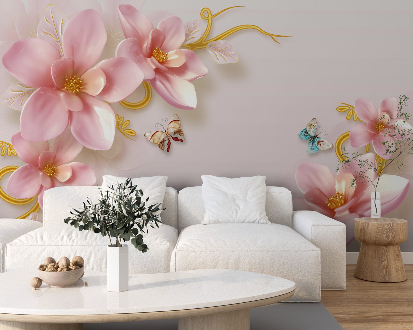 Papier peint les papillons volent autour des fleurs roses