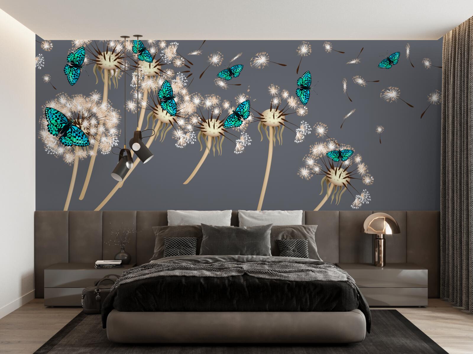 Papier peint roes et papillons