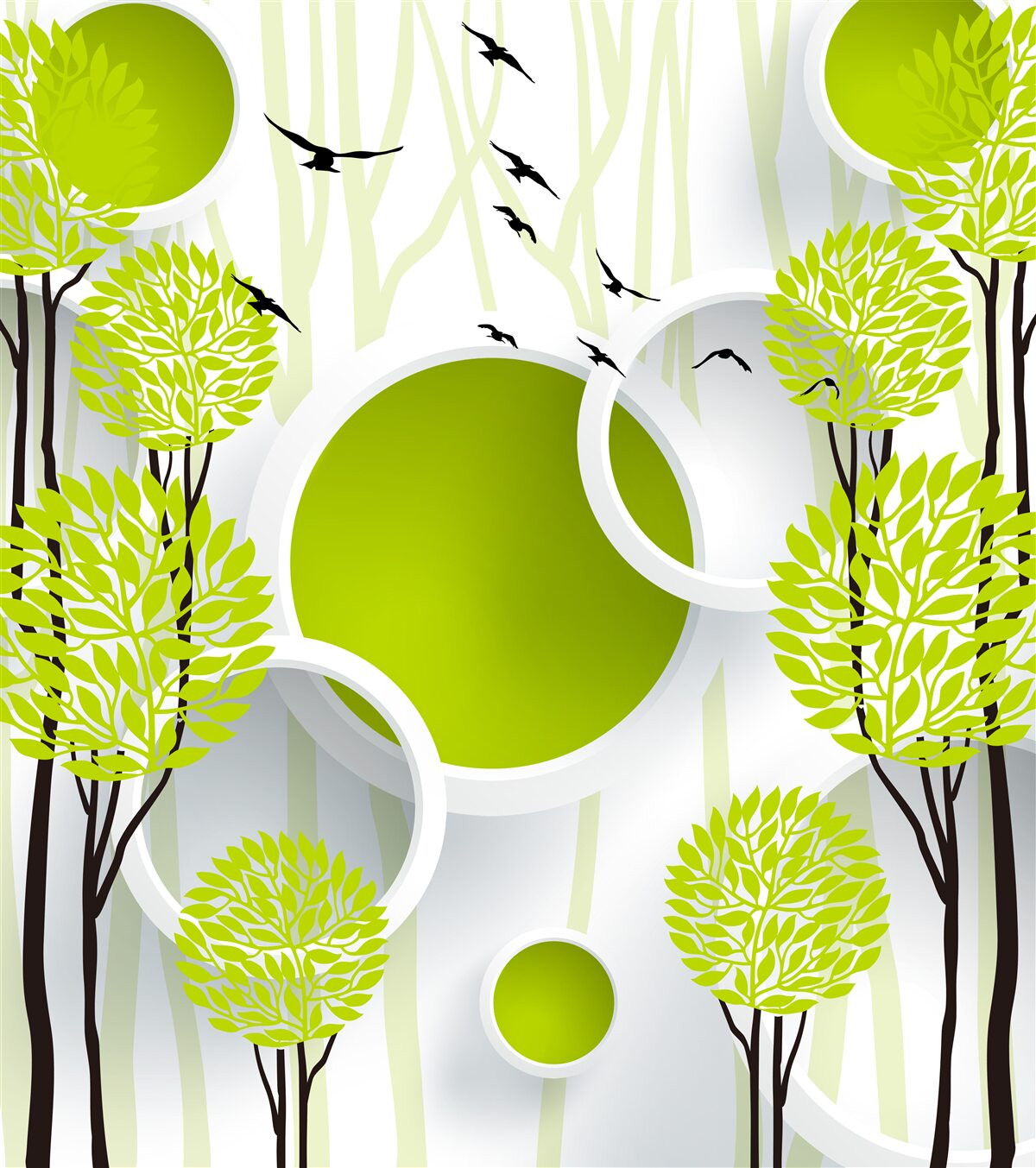 Papier peint peintures abstraites avec des cercles, des arbres et des oiseaux