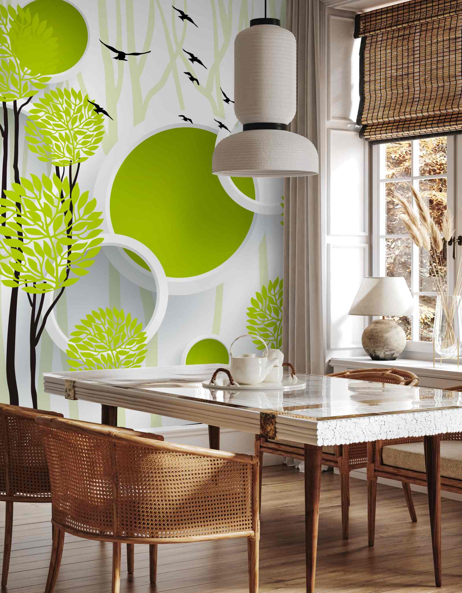 Papier peint peintures abstraites avec des cercles, des arbres et des oiseaux