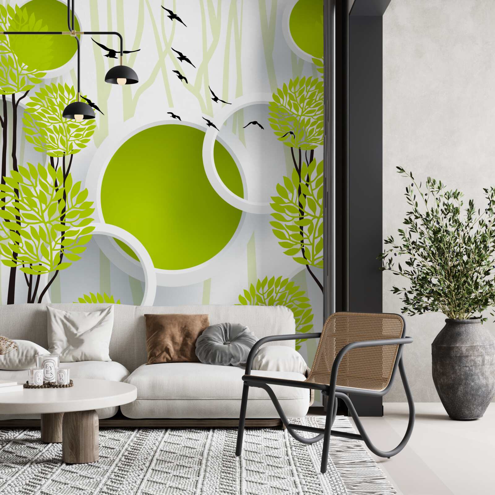 Papier peint peintures abstraites avec des cercles, des arbres et des oiseaux