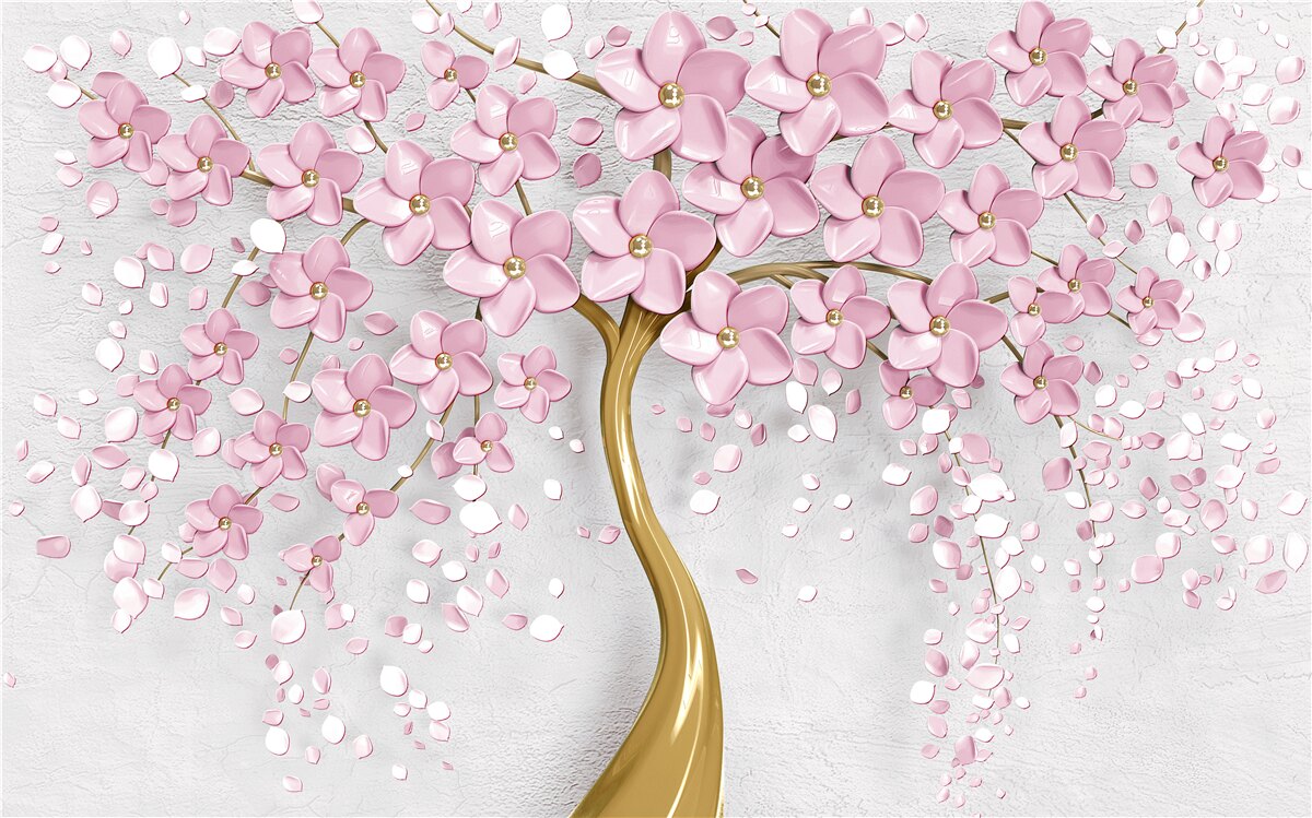 Papier peint arbre au tronc courbé et aux fleurs roses