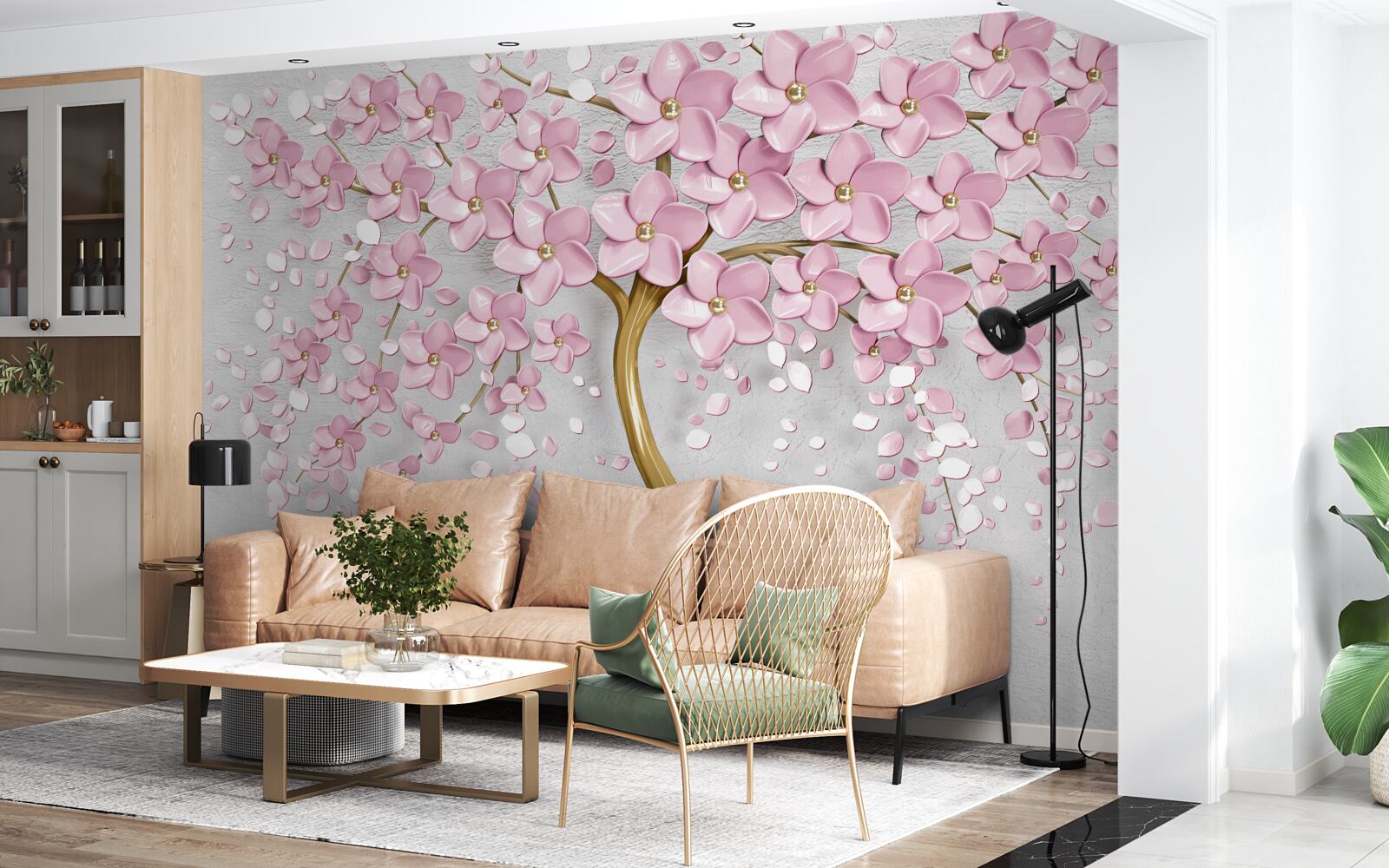 Papier peint arbre au tronc courbé et aux fleurs roses