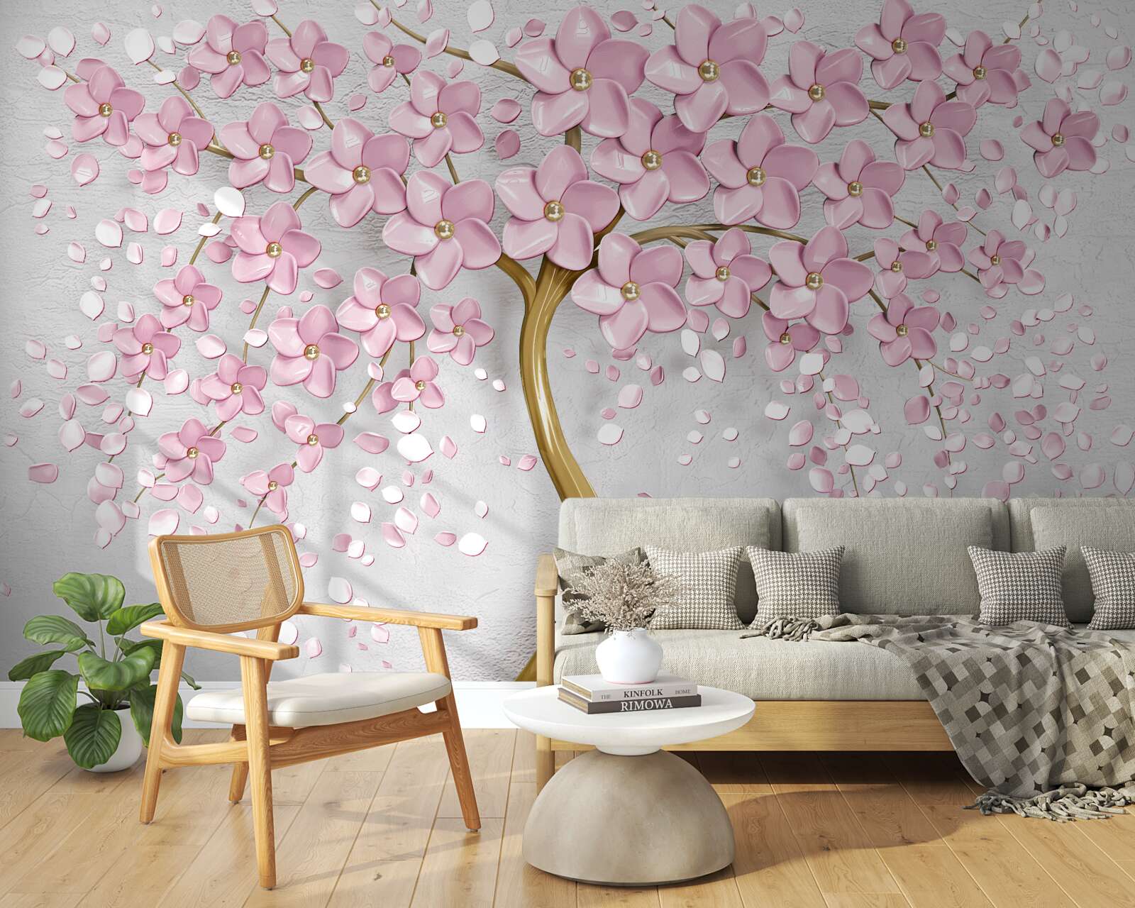Papier peint arbre au tronc courbé et aux fleurs roses