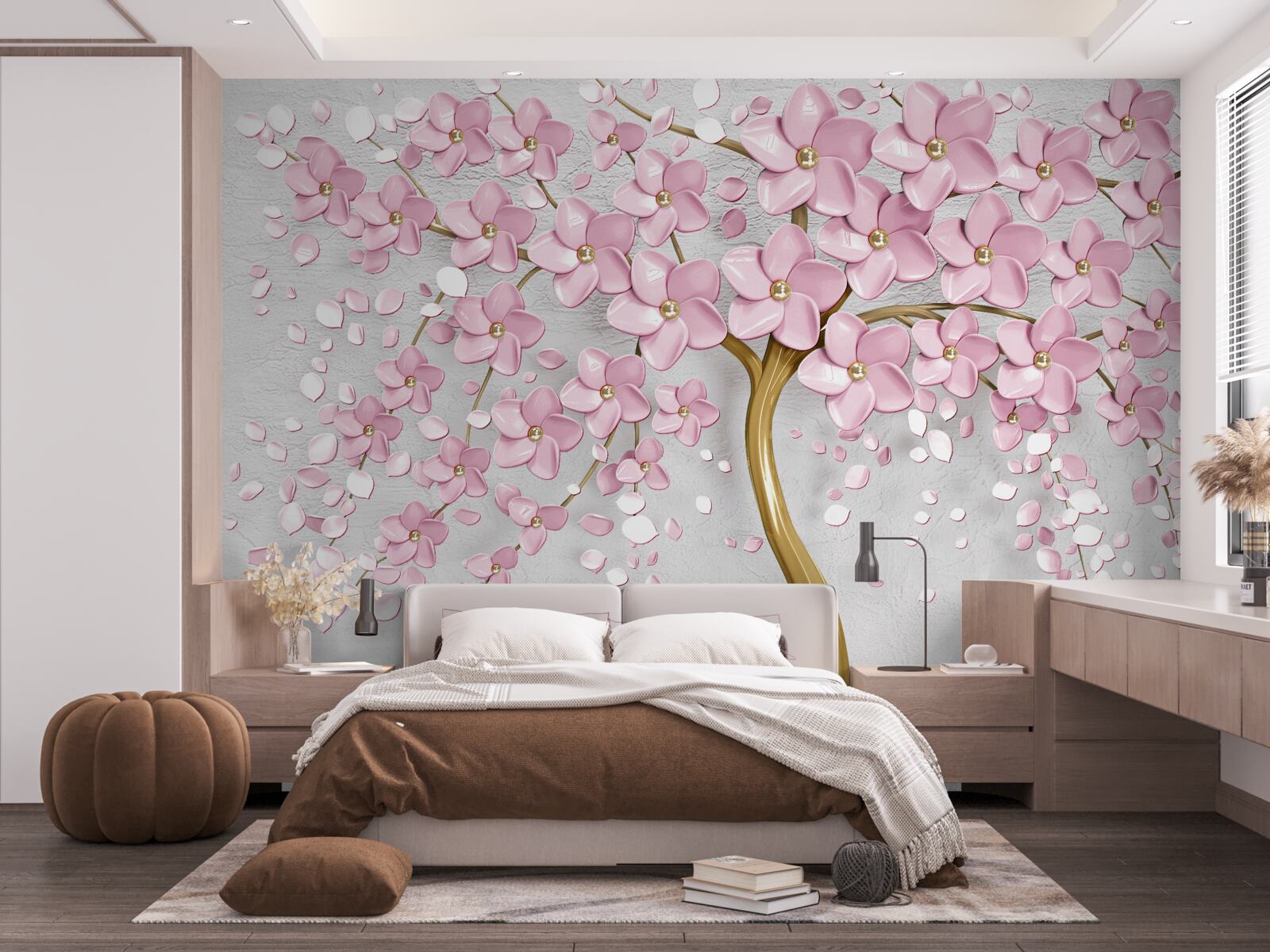 Papier peint arbre au tronc courbé et aux fleurs roses