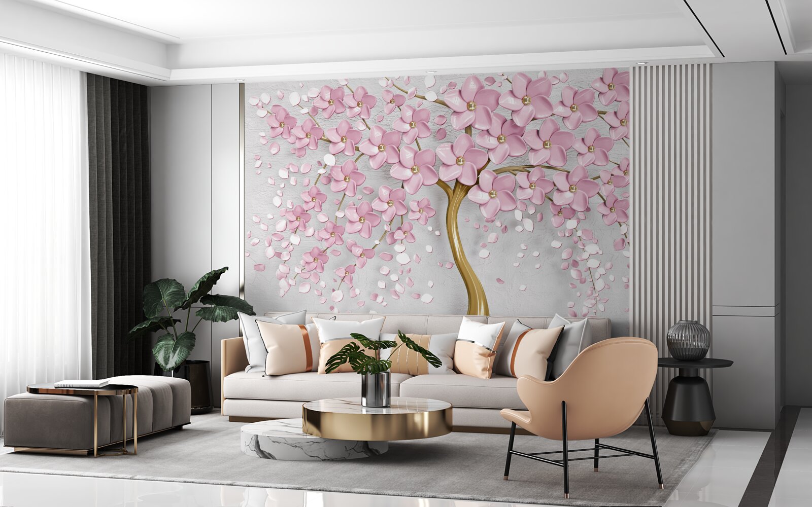 Papier peint arbre au tronc courbé et aux fleurs roses