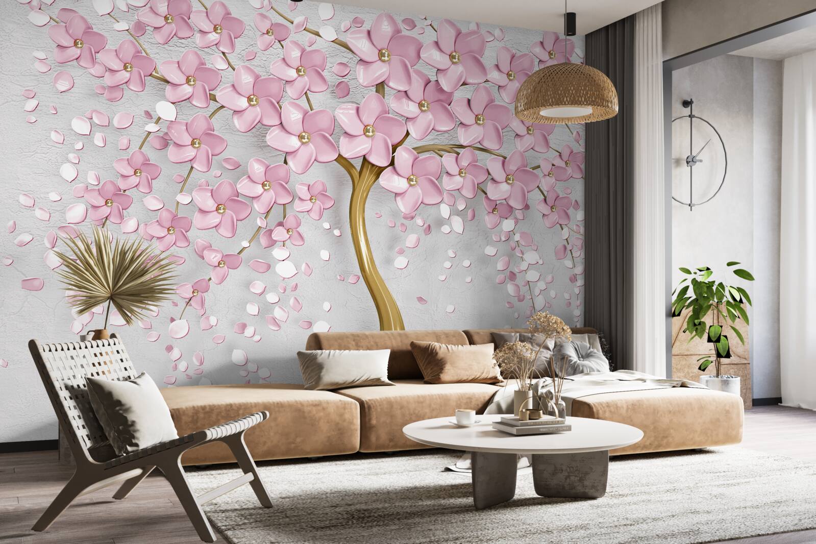 Papier peint arbre au tronc courbé et aux fleurs roses
