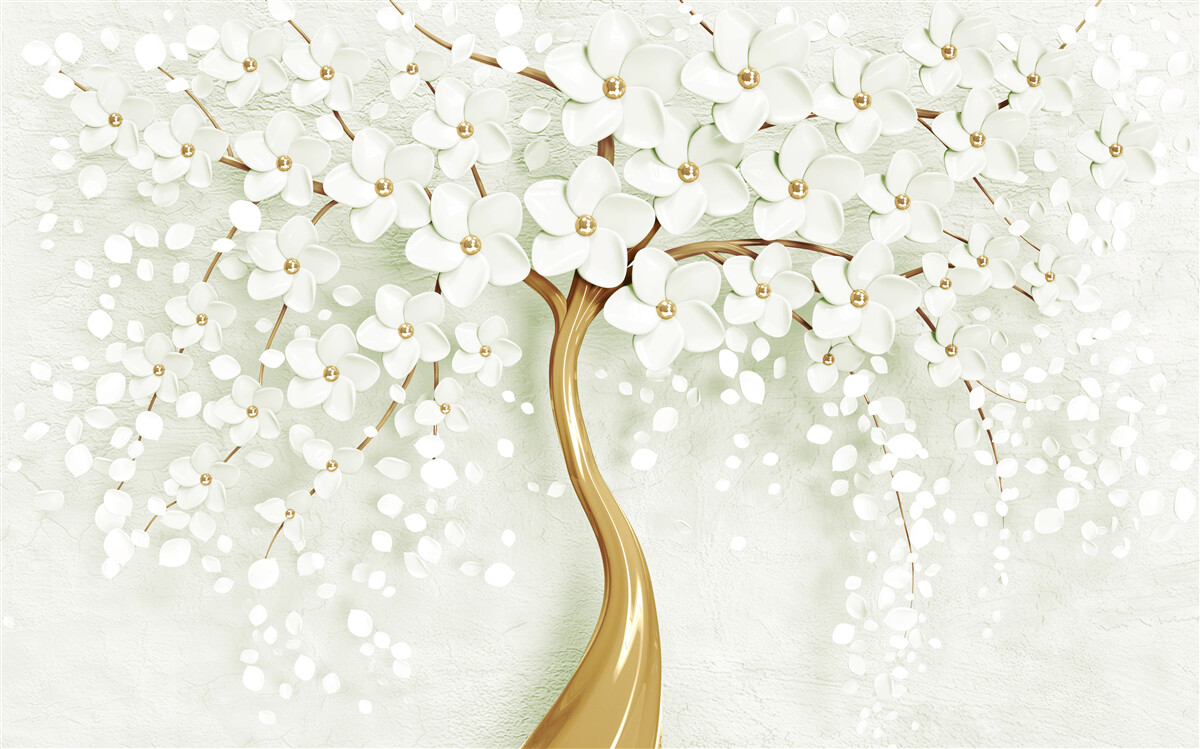 Papier peint arbre aux fleurs estivales blanches comme la neige