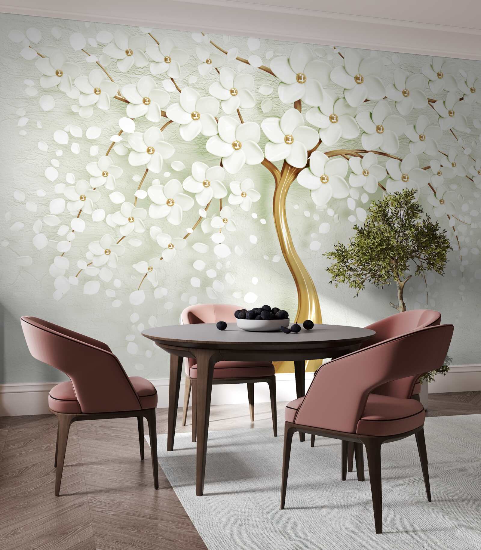Papier peint arbre aux fleurs estivales blanches comme la neige