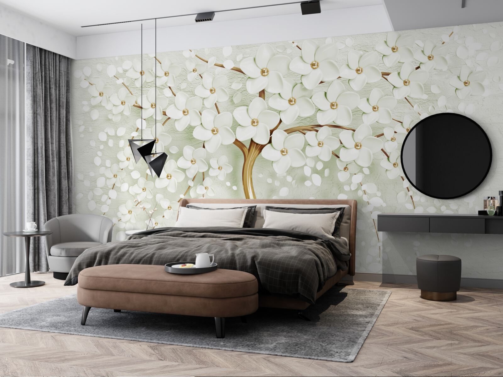 Papier peint arbre aux fleurs estivales blanches comme la neige