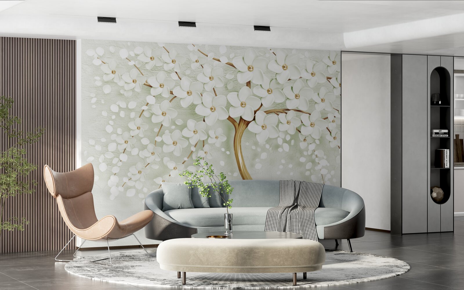 Papier peint arbre aux fleurs estivales blanches comme la neige