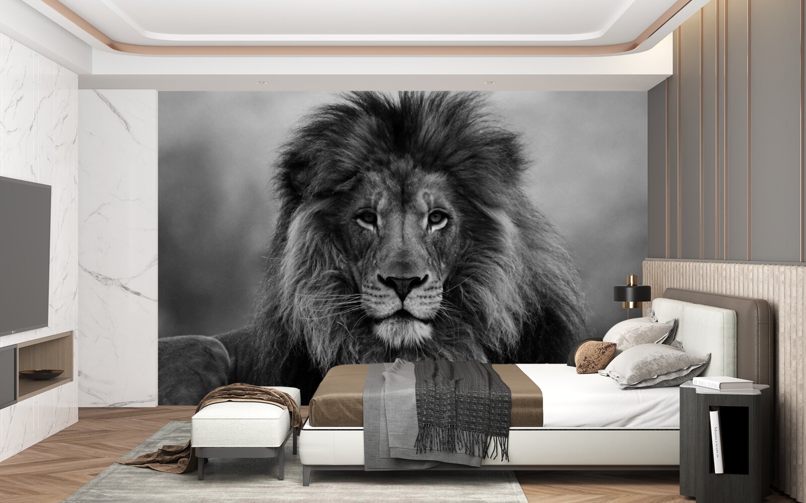 Papier peint portrait de lion en noir et blanc