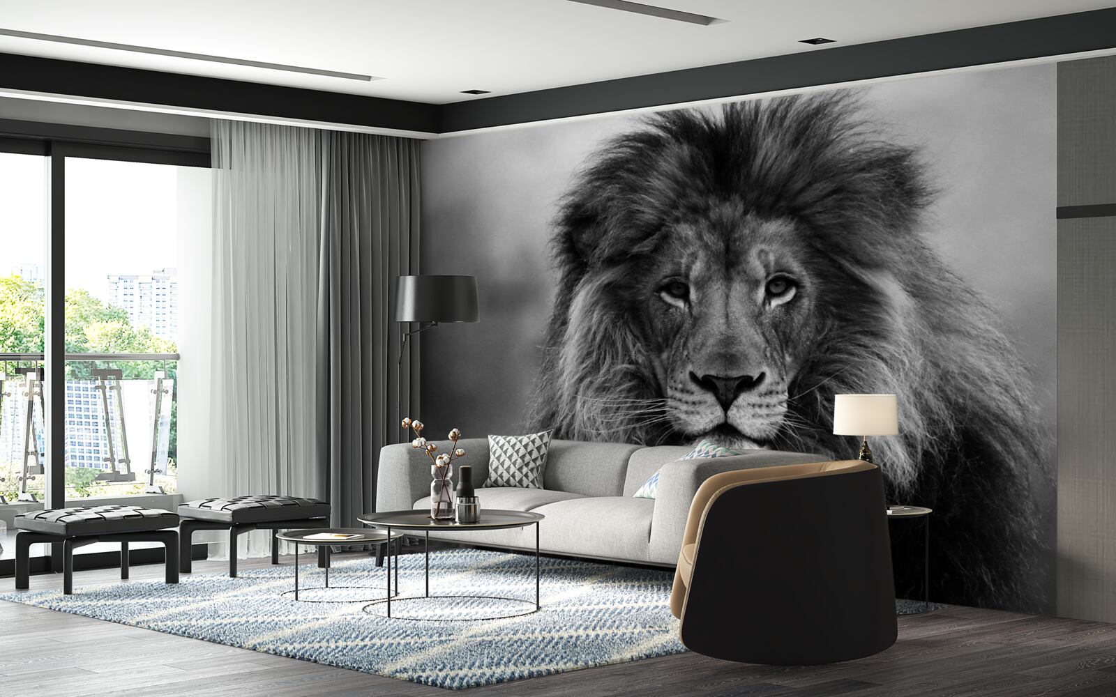 Papier peint portrait de lion en noir et blanc