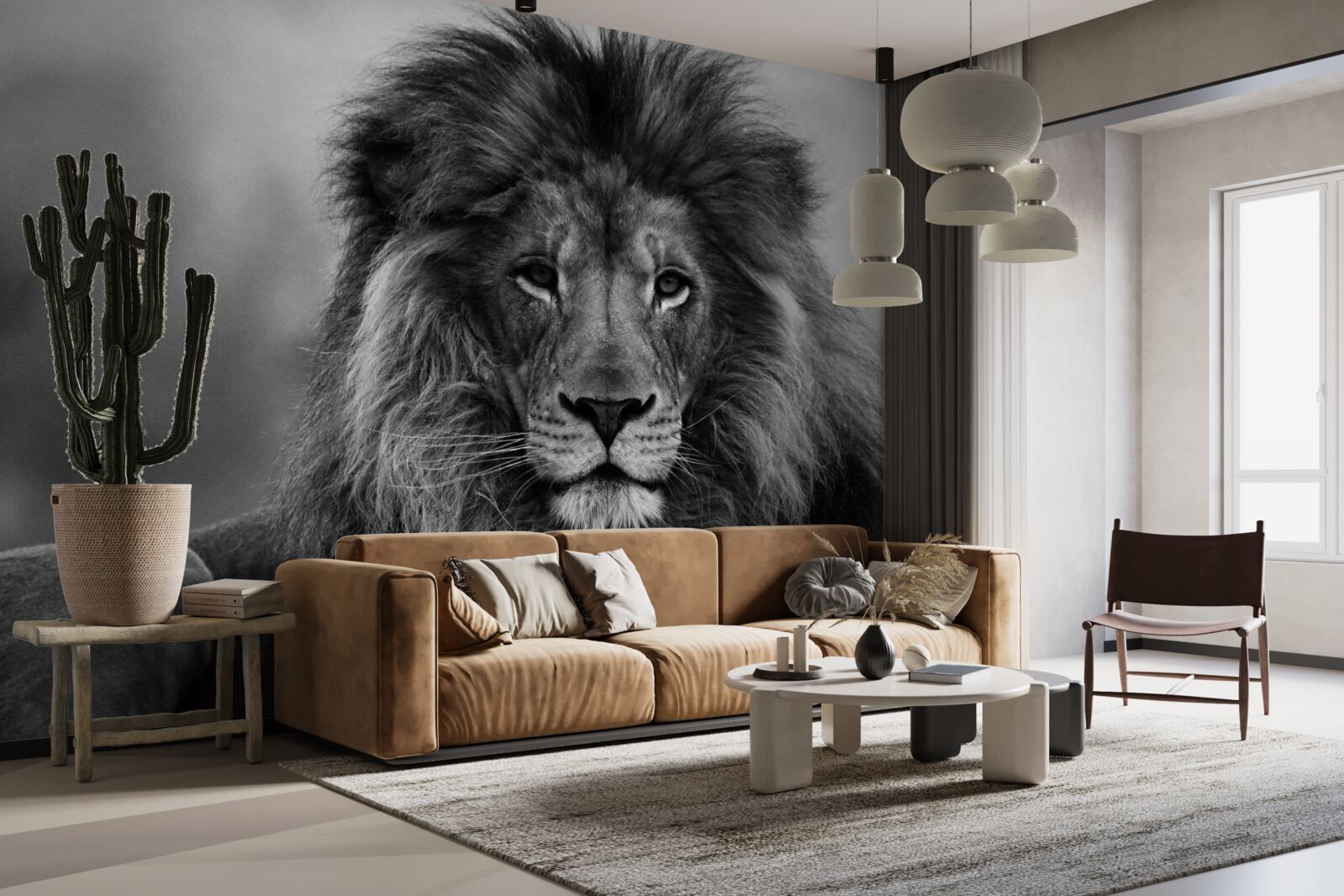Papier peint portrait de lion en noir et blanc