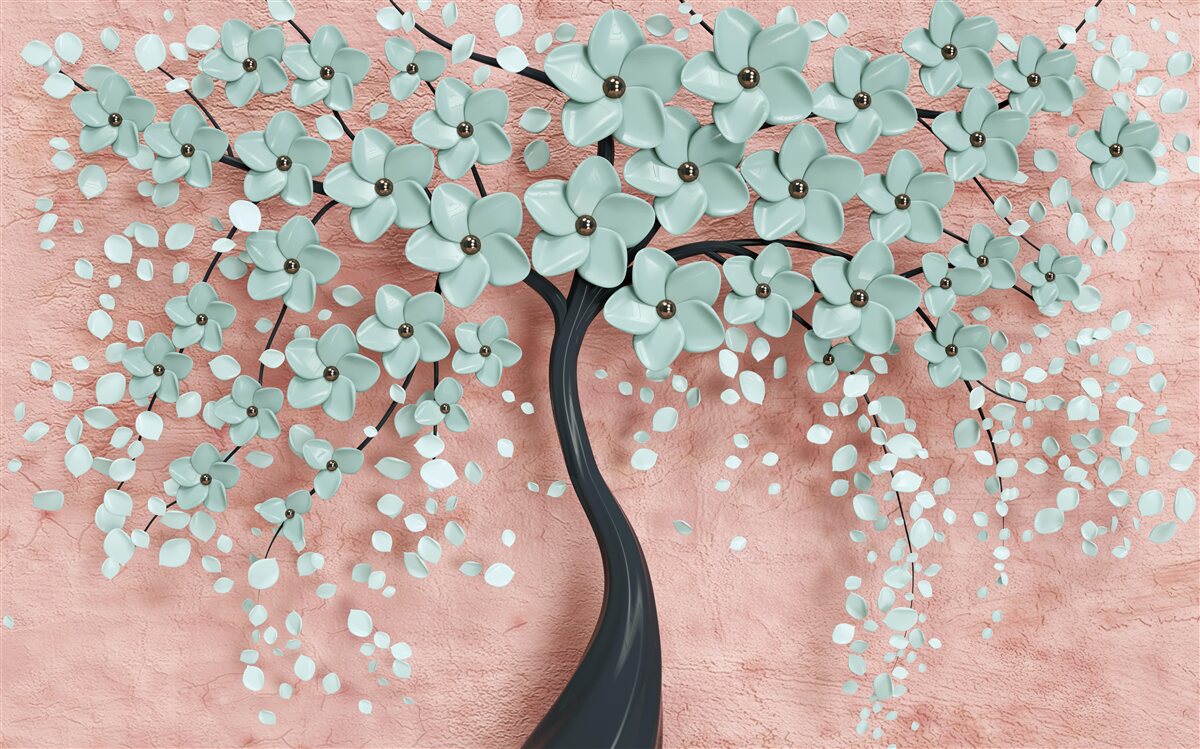 Papier peint arbre aux fleurs bleues