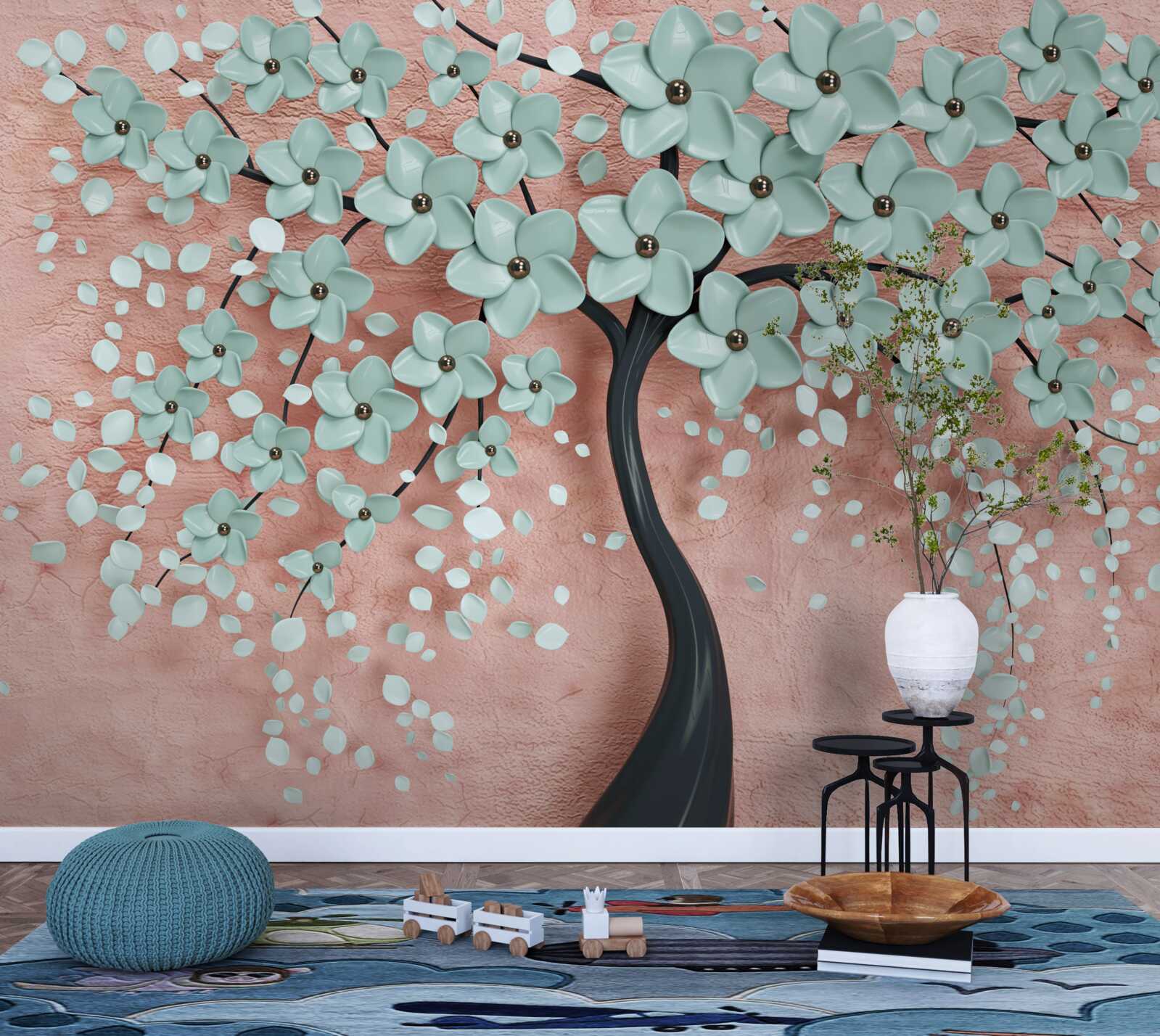 Papier peint arbre aux fleurs bleues