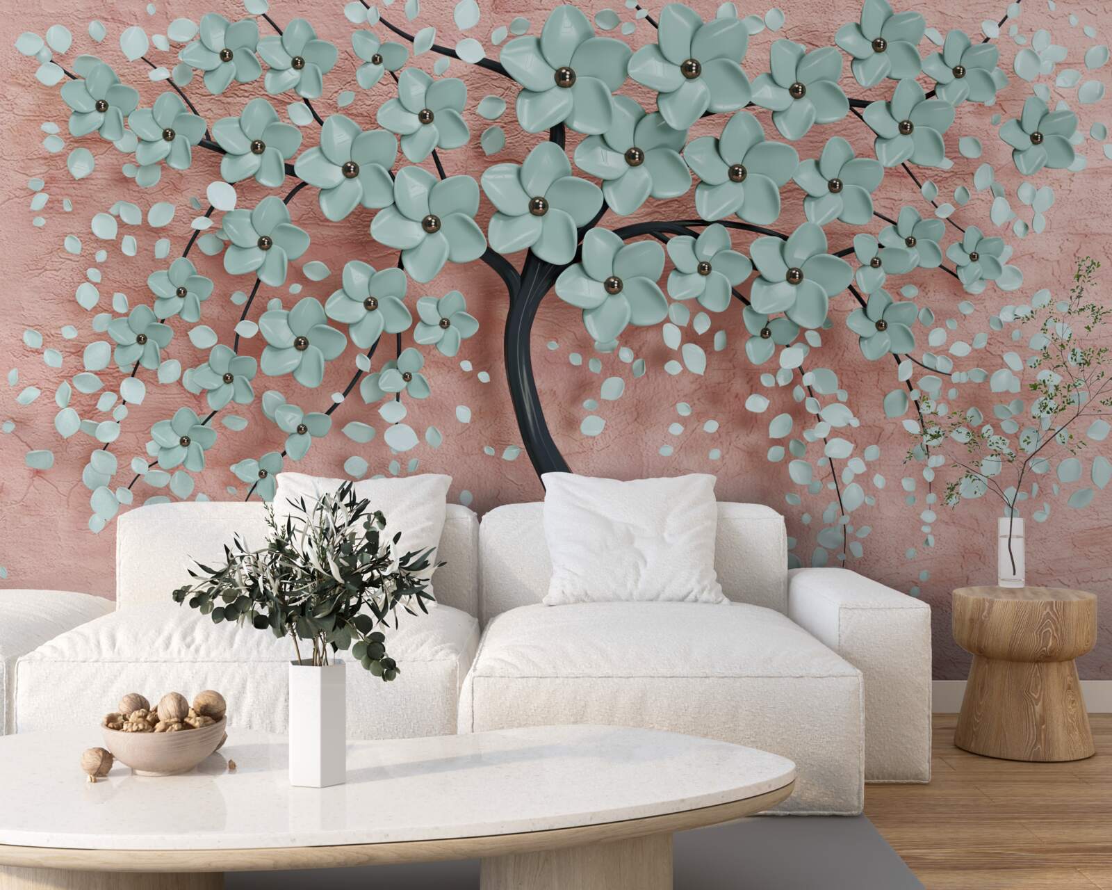 Papier peint arbre aux fleurs bleues