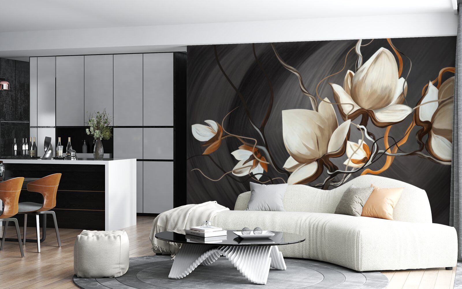Papier peint branche avec des fleurs blanches