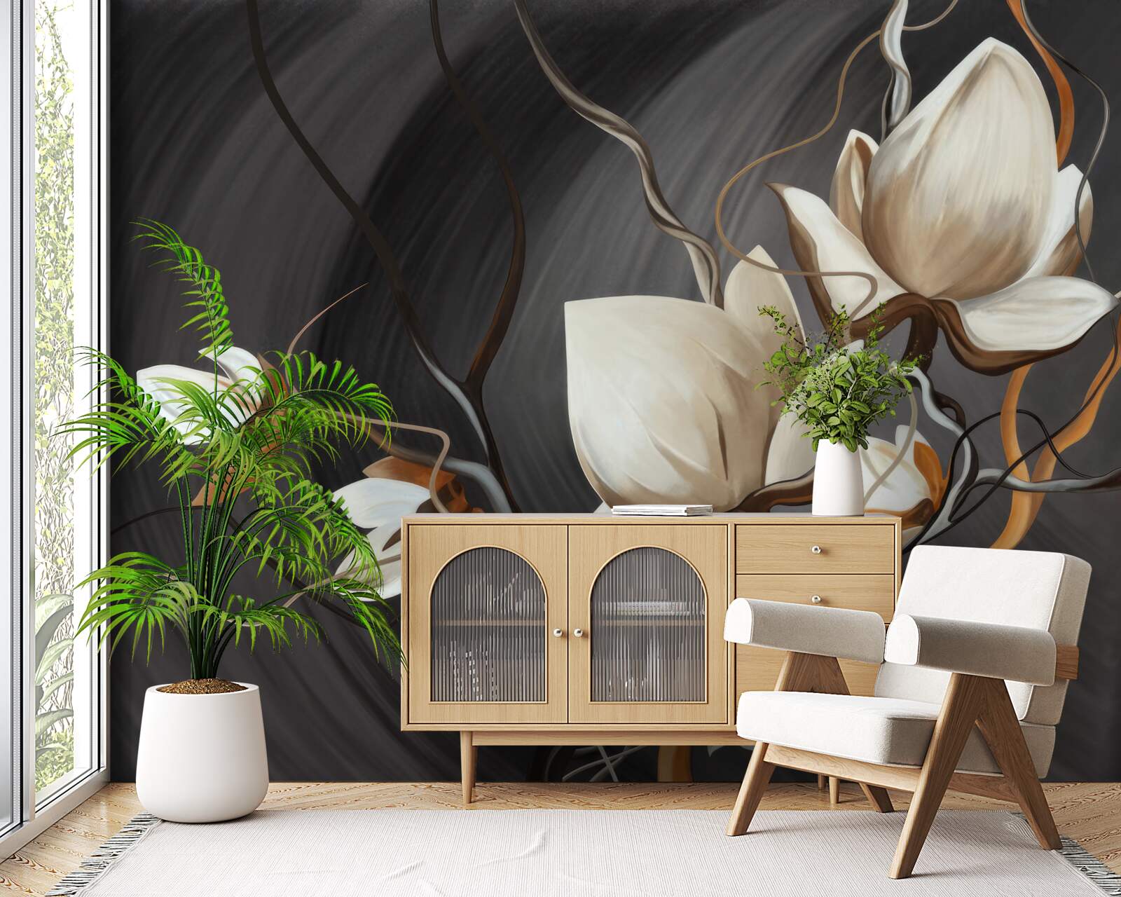 Papier peint branche avec des fleurs blanches