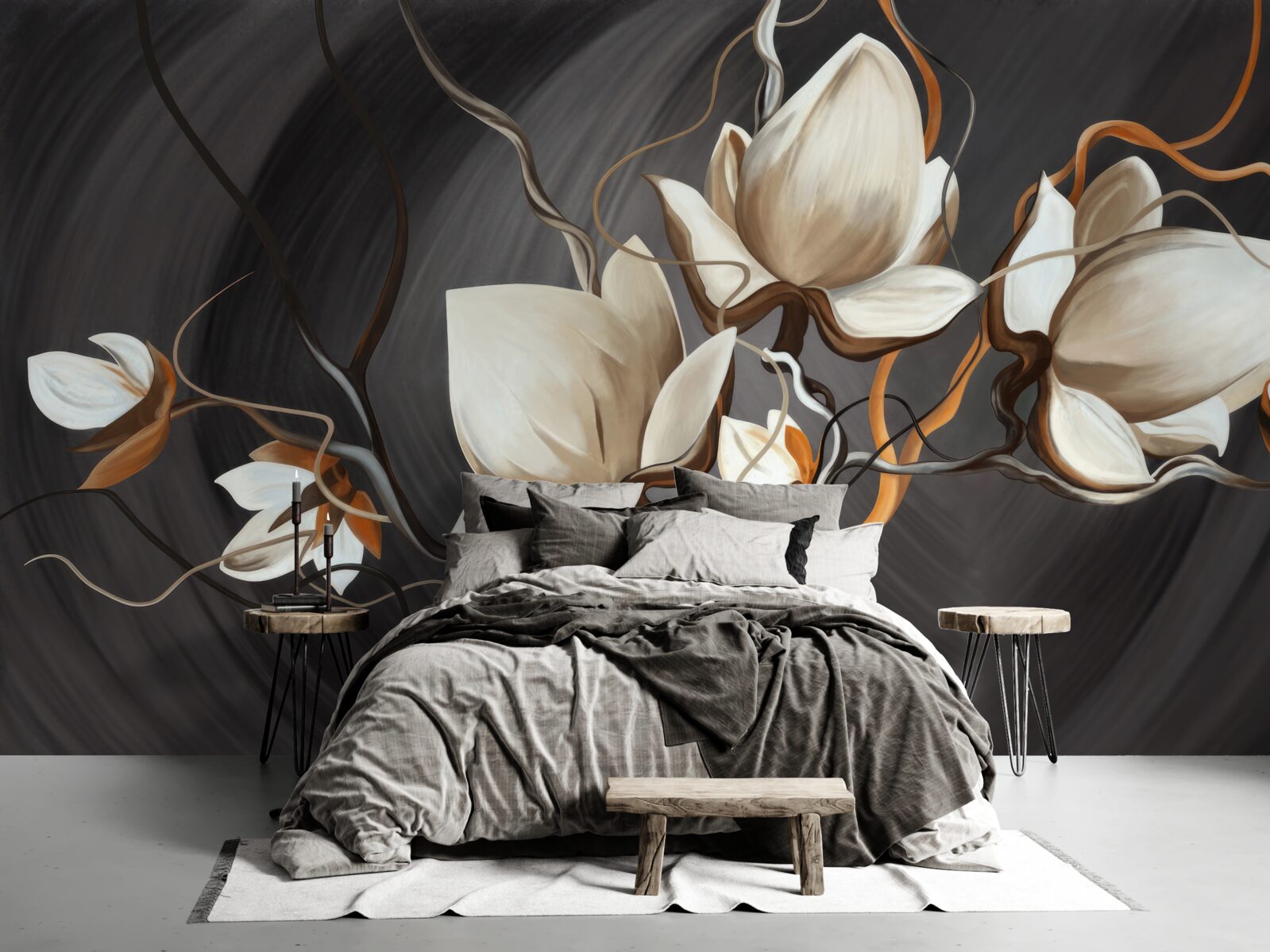 Papier peint branche avec des fleurs blanches