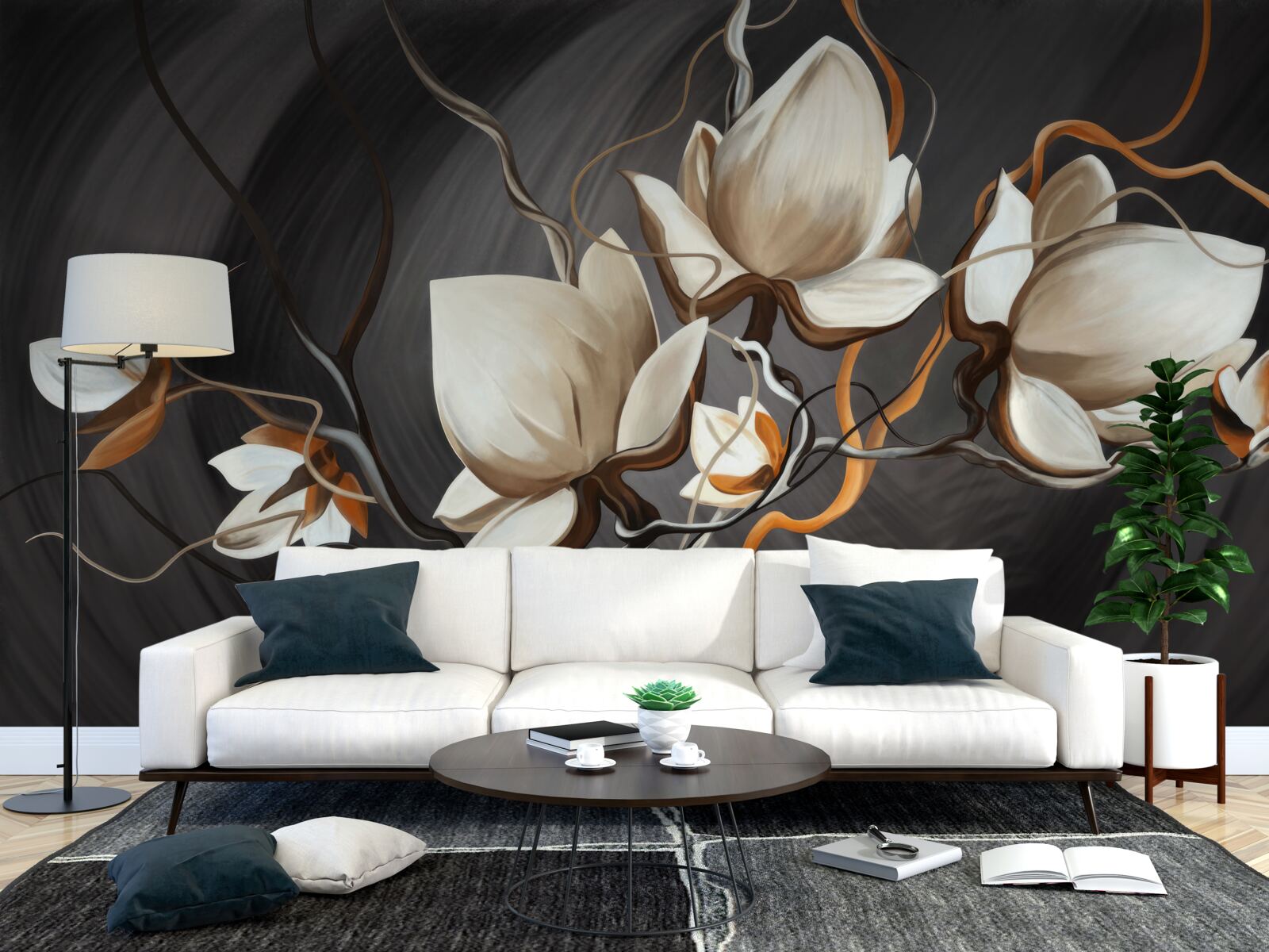 Papier peint branche avec des fleurs blanches
