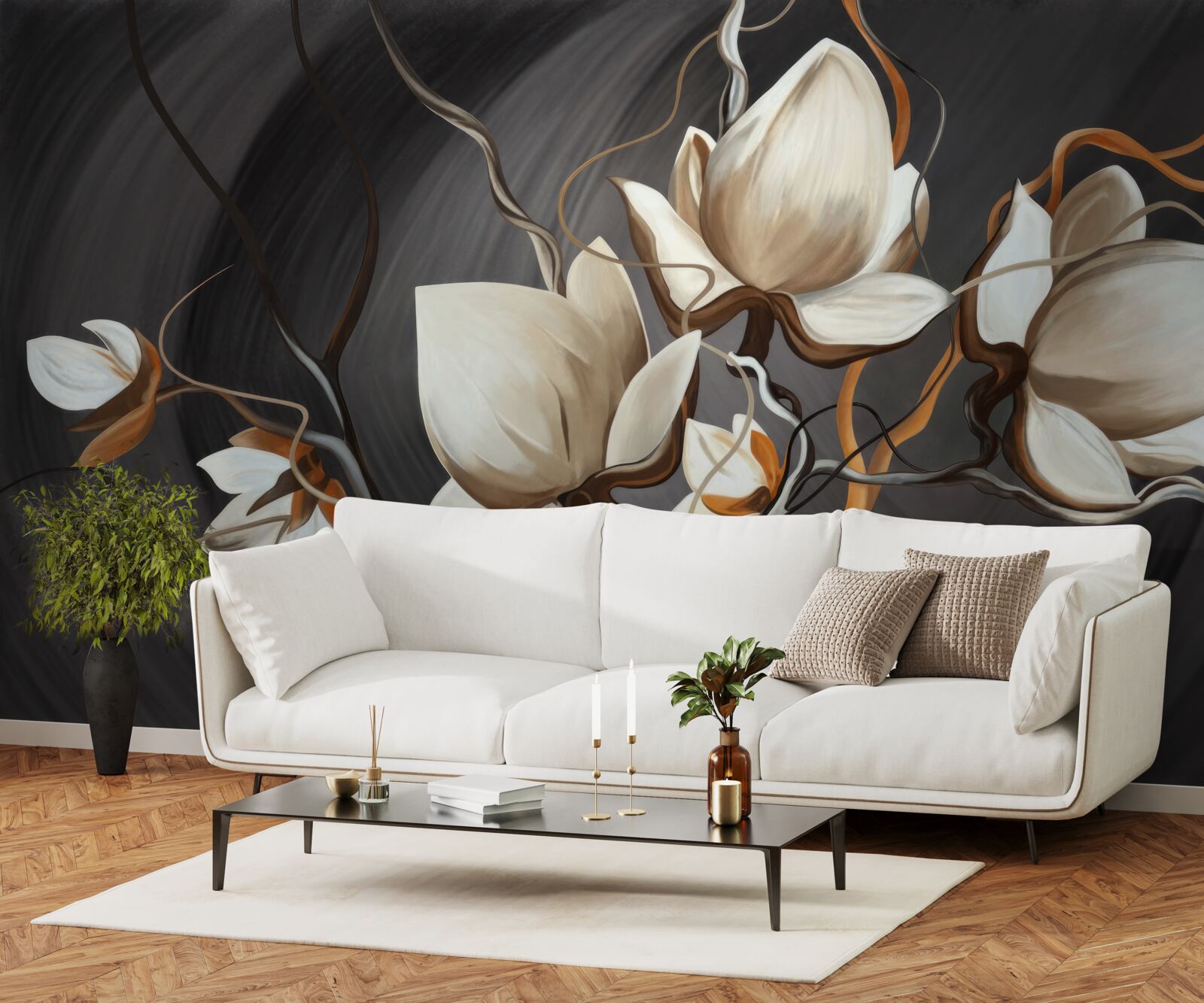 Papier peint branche avec des fleurs blanches