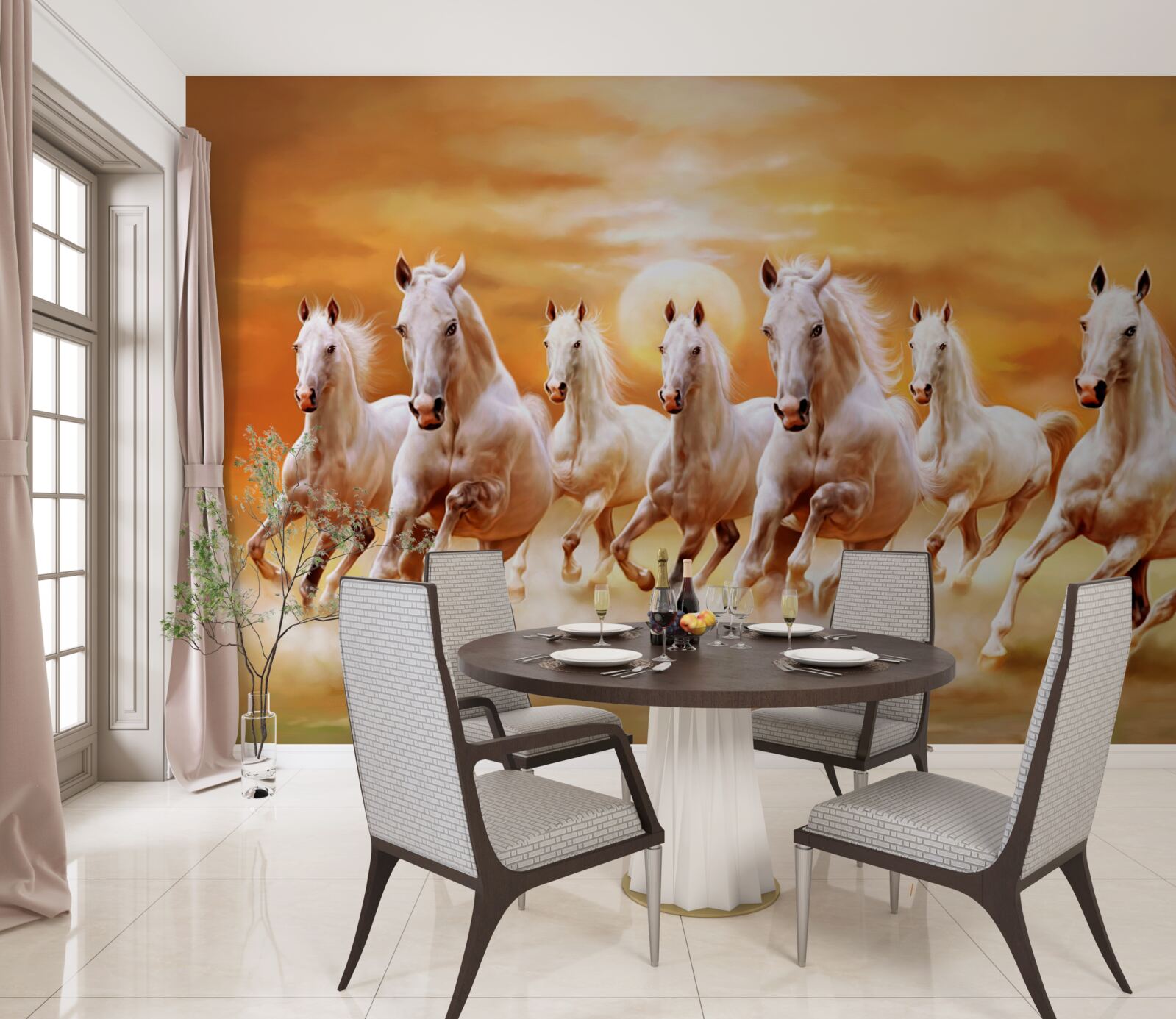 Papier peint sept chevaux blancs