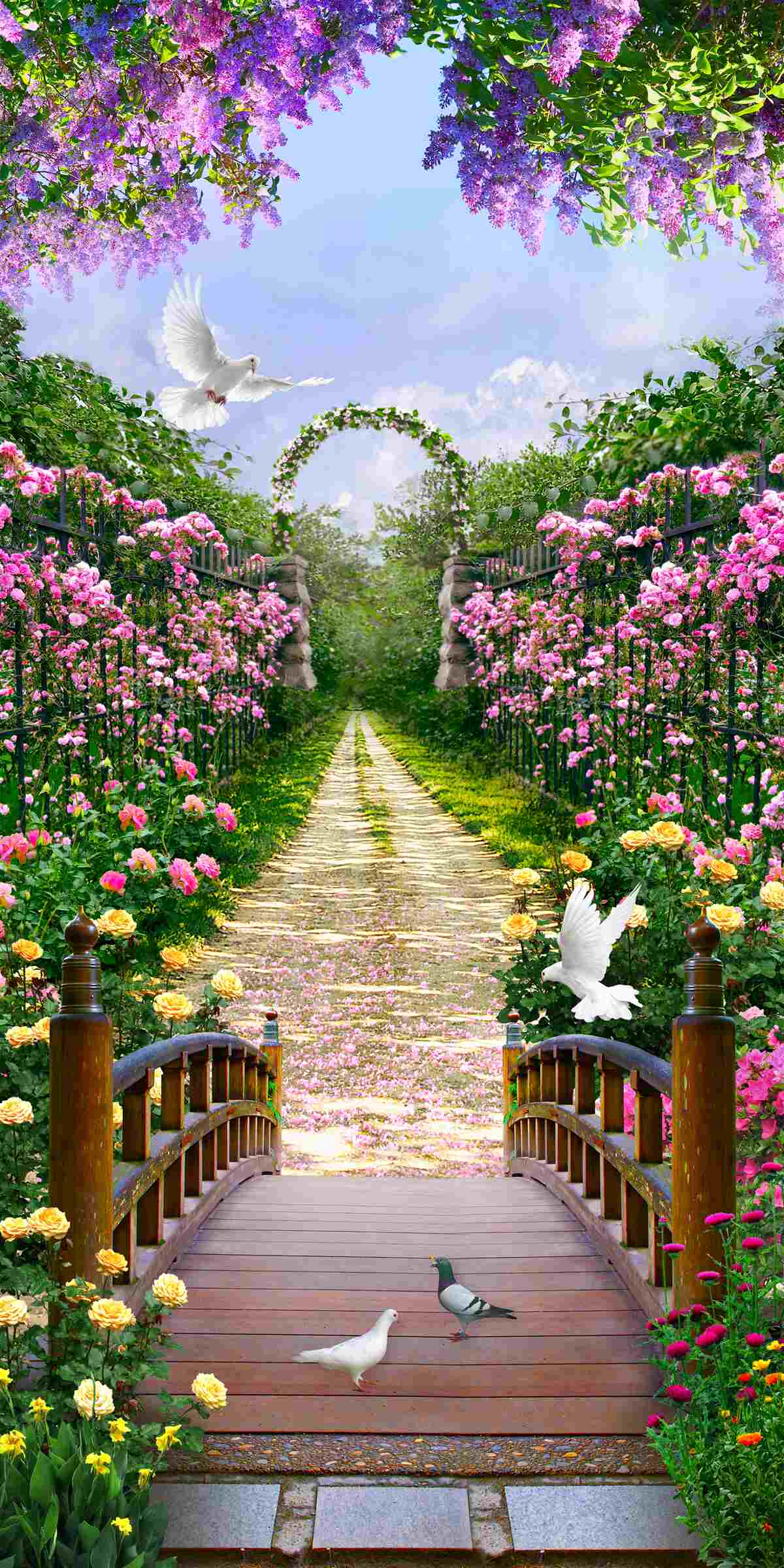 Papier peint petit pont parmi les plantes à fleurs et les oiseaux