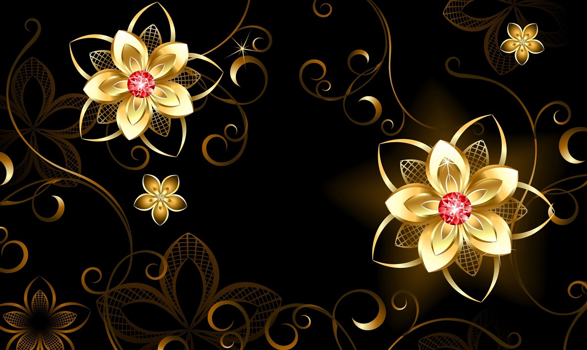 Papier peint fleurs dorées sur fond noir