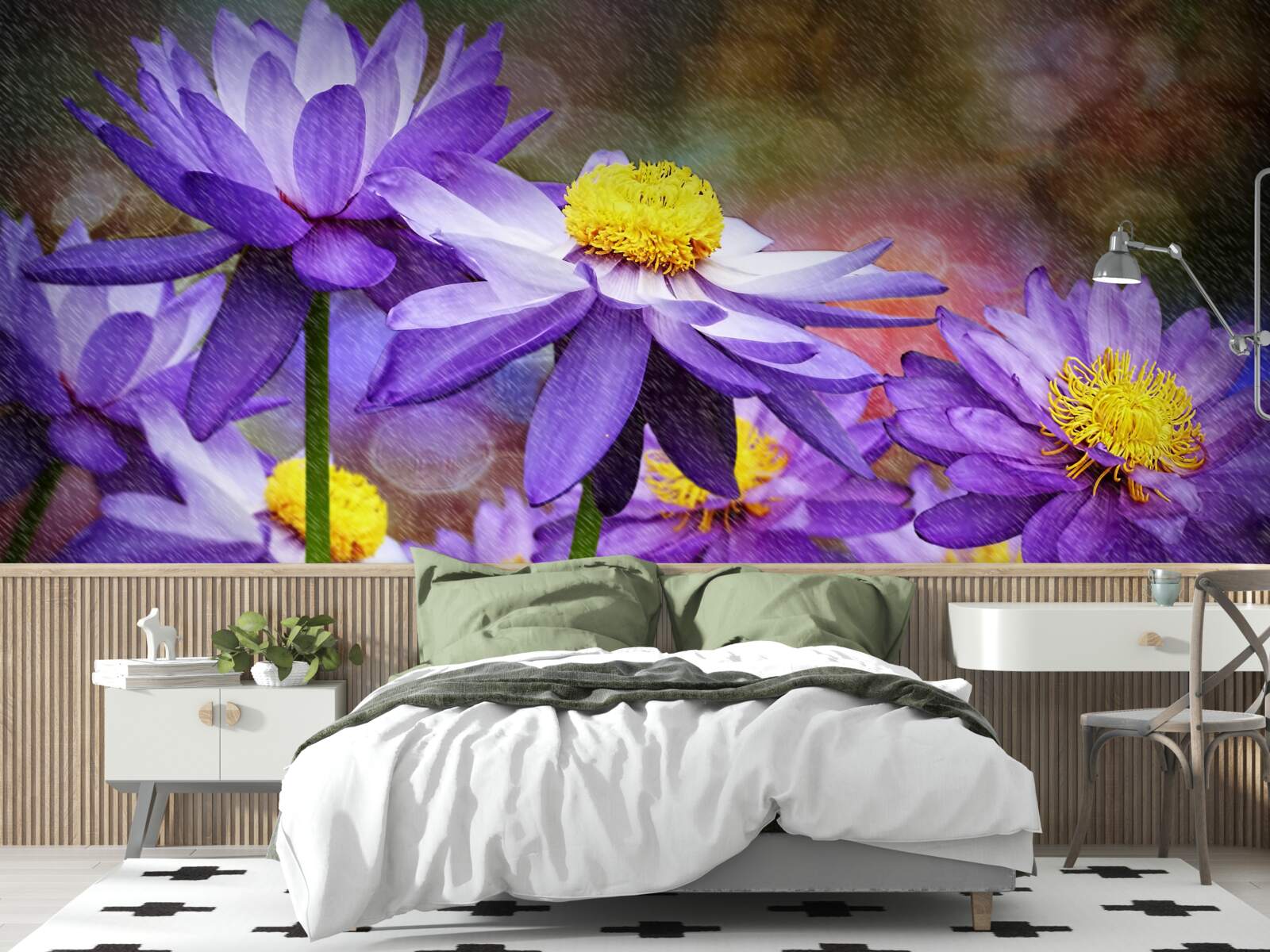 Papier peint fleurs violettes avec un centre jaune