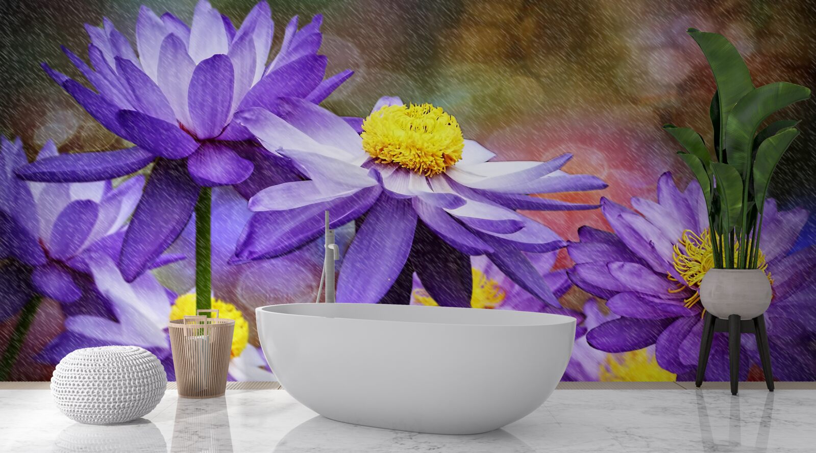 Papier peint fleurs violettes avec un centre jaune