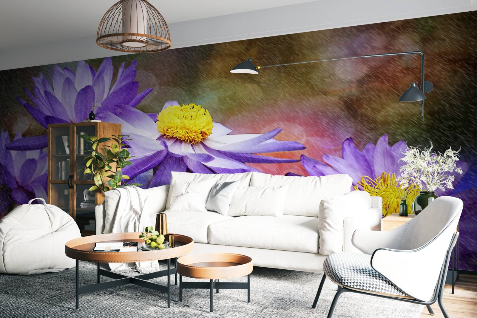 Papier peint fleurs violettes avec un centre jaune
