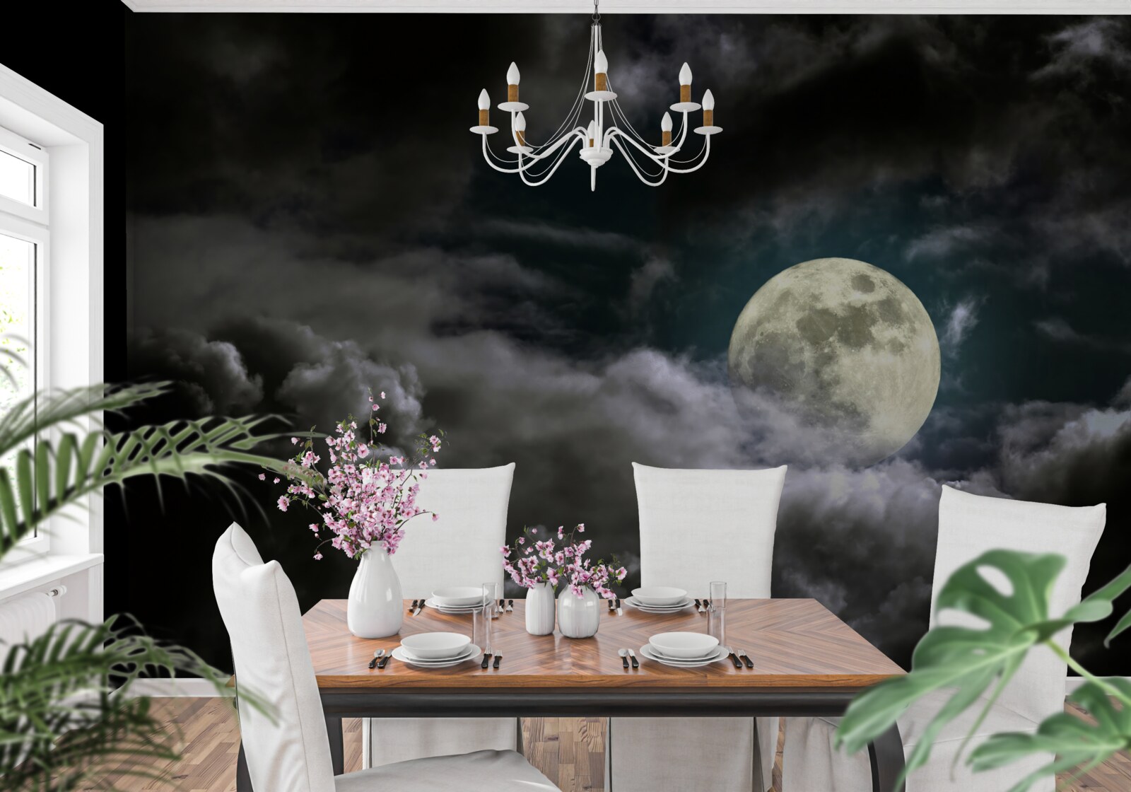 Papier peint lune brillante cachée derrière les nuages