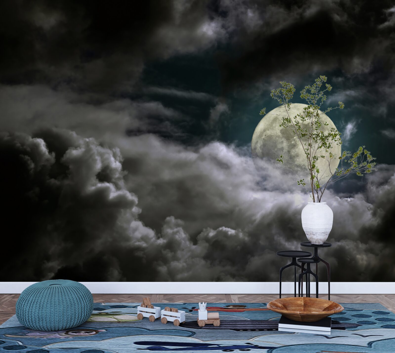 Papier peint lune brillante cachée derrière les nuages
