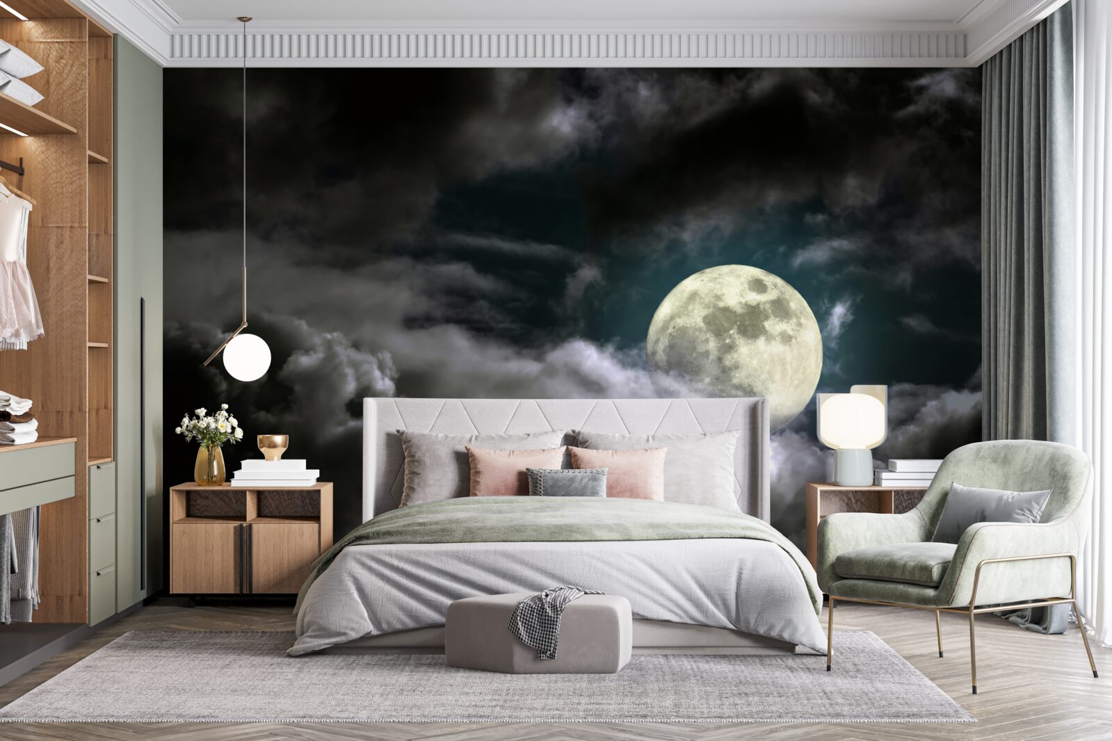 Papier peint lune brillante cachée derrière les nuages