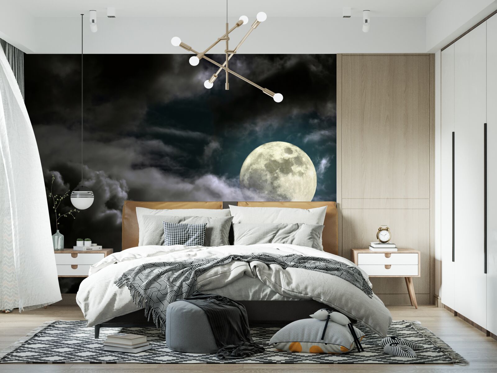 Papier peint lune brillante cachée derrière les nuages