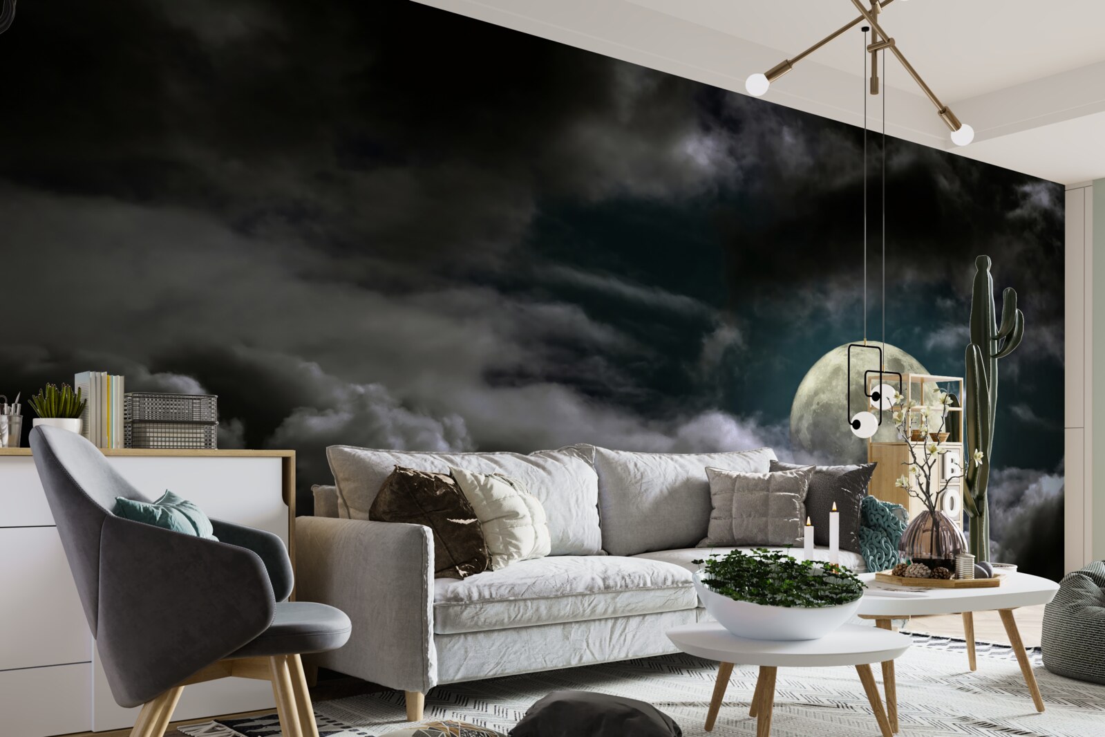 Papier peint lune brillante cachée derrière les nuages