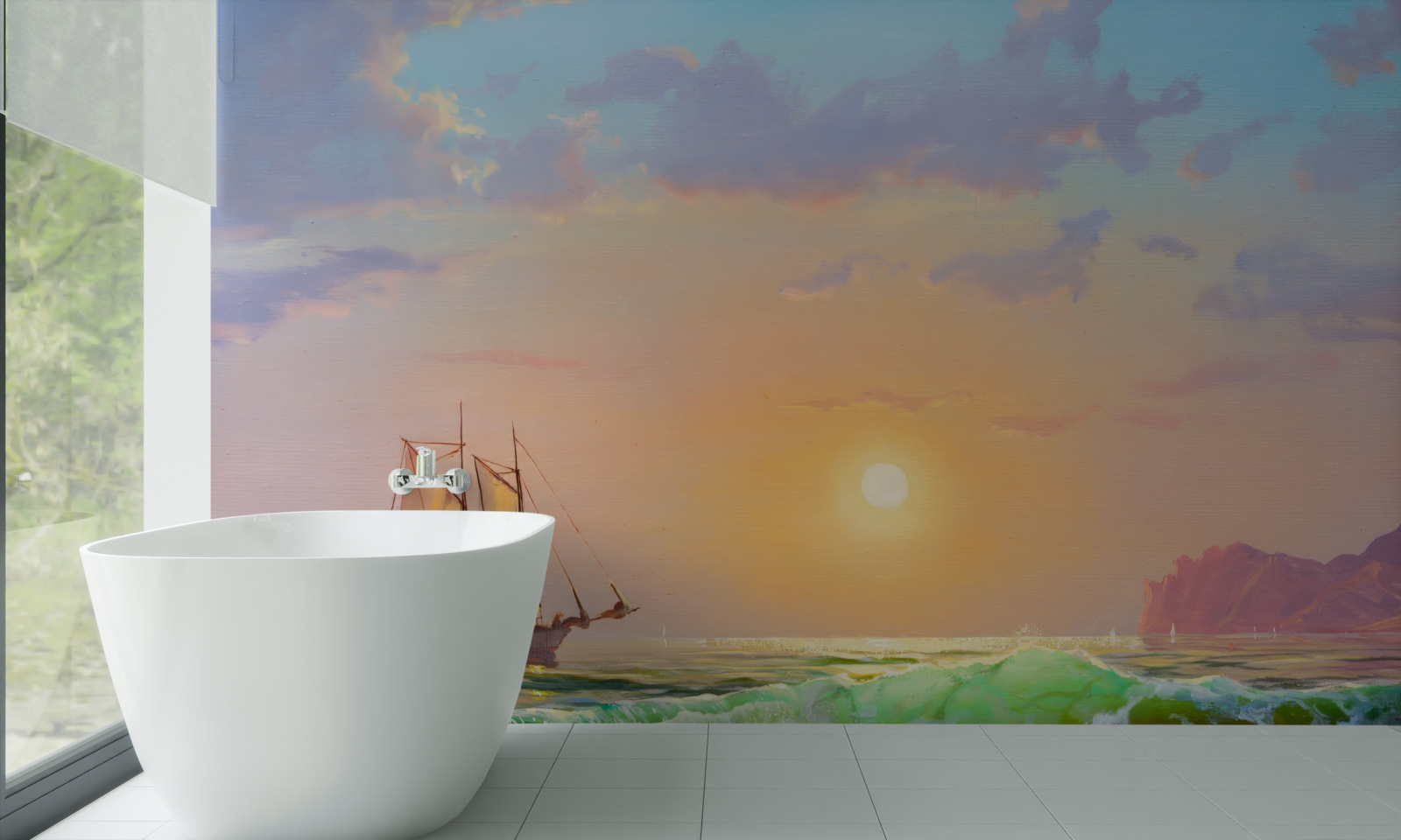 Papier peint le navire navigue sur fond de coucher de soleil