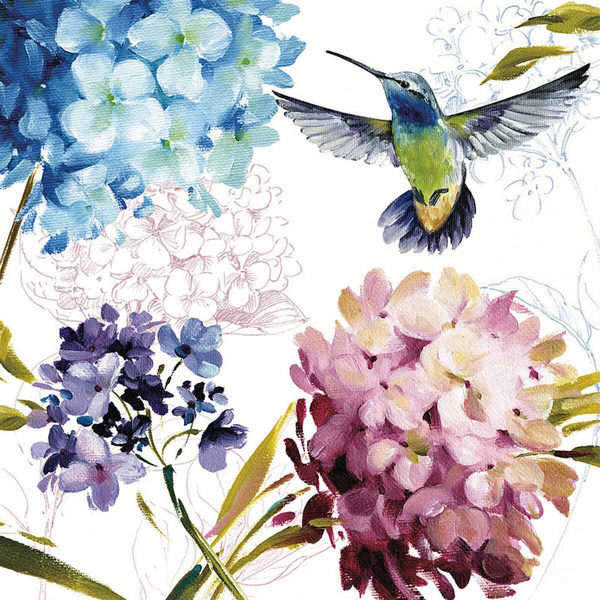 Papier peint colibri représenté parmi les fleurs