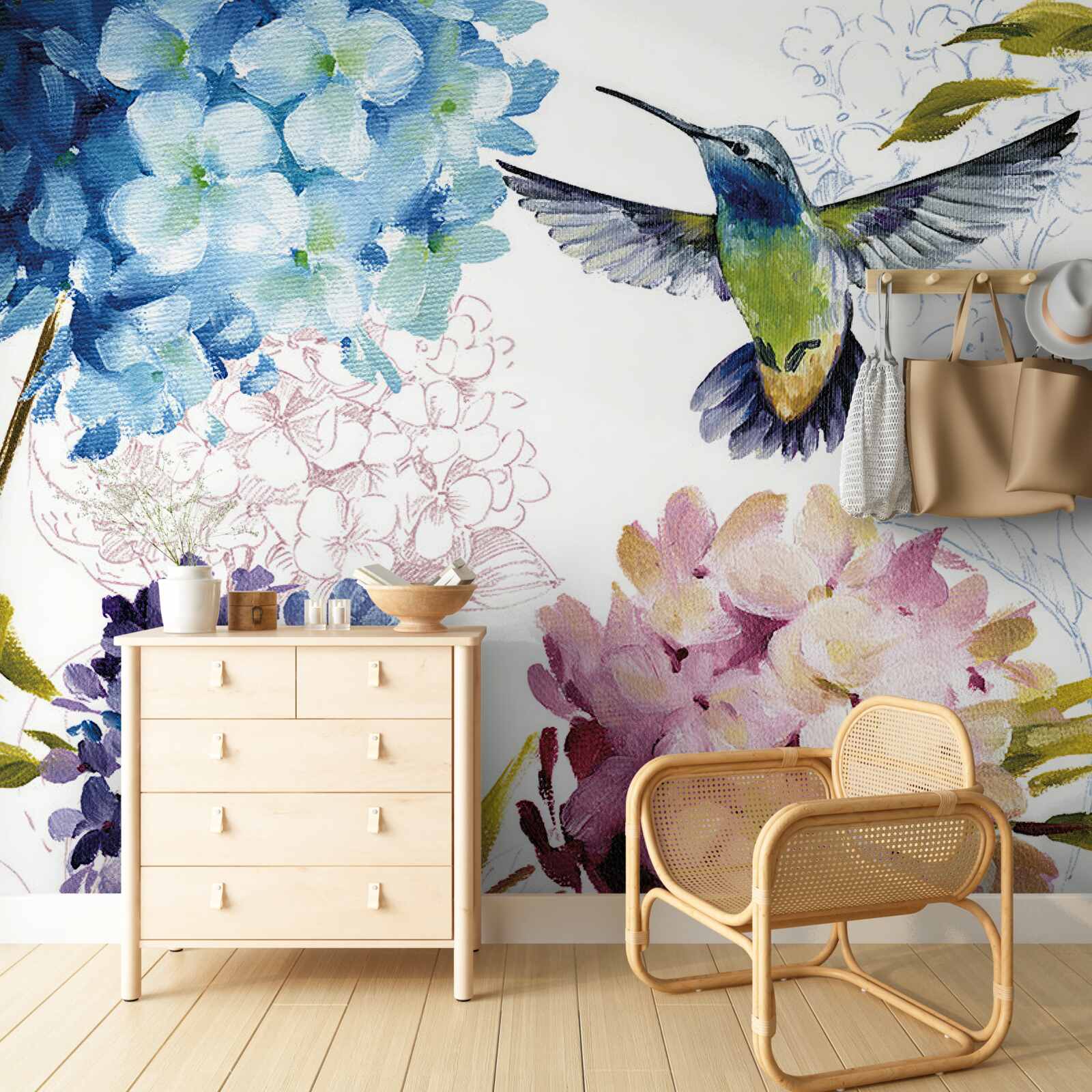 Papier peint colibri représenté parmi les fleurs